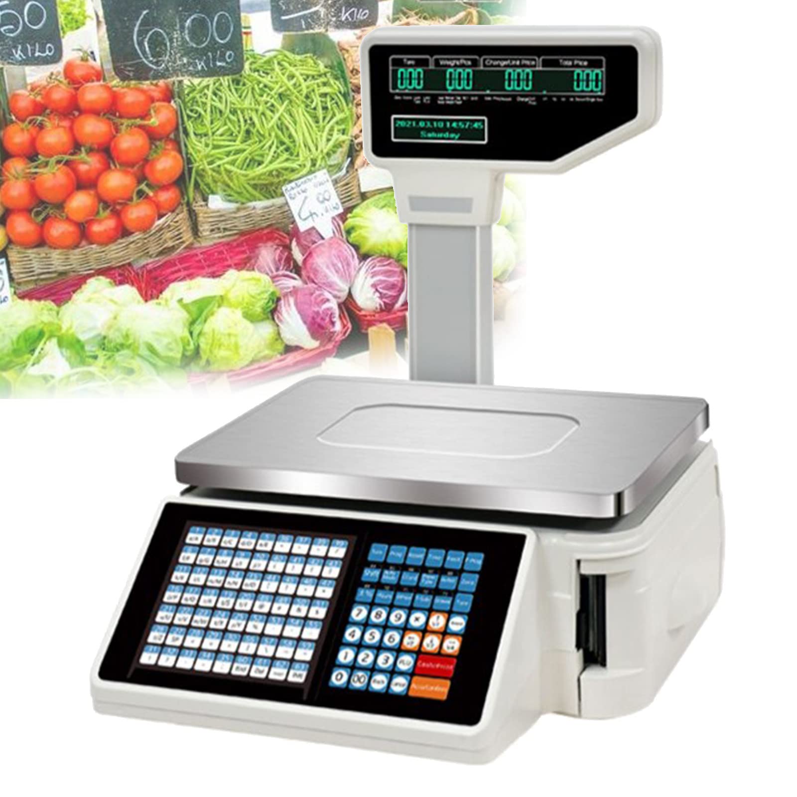 Báscula Comercial con Ticket Básculas de Impresión de Códigos de Barras Digitales, con 63 Teclas de Acceso Directo, para Supermercados/Tiendas Minoristas/Almacenes (30kg) WiFi