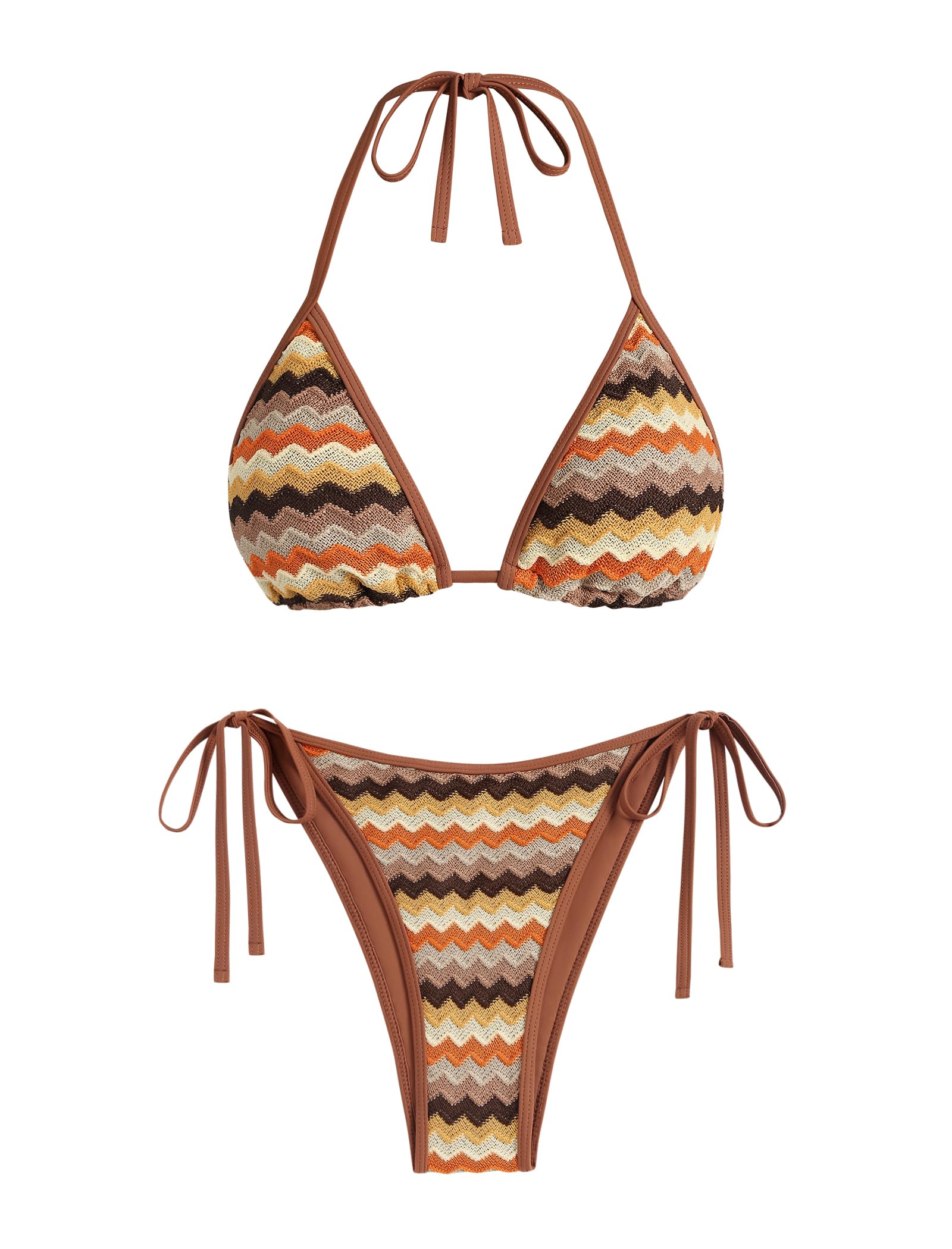 ZAFUL Womens Colorblock Stripes Triangle Halter Tied Cheeky Thong Bikini Set High Cut Two Piece Bathing Suit