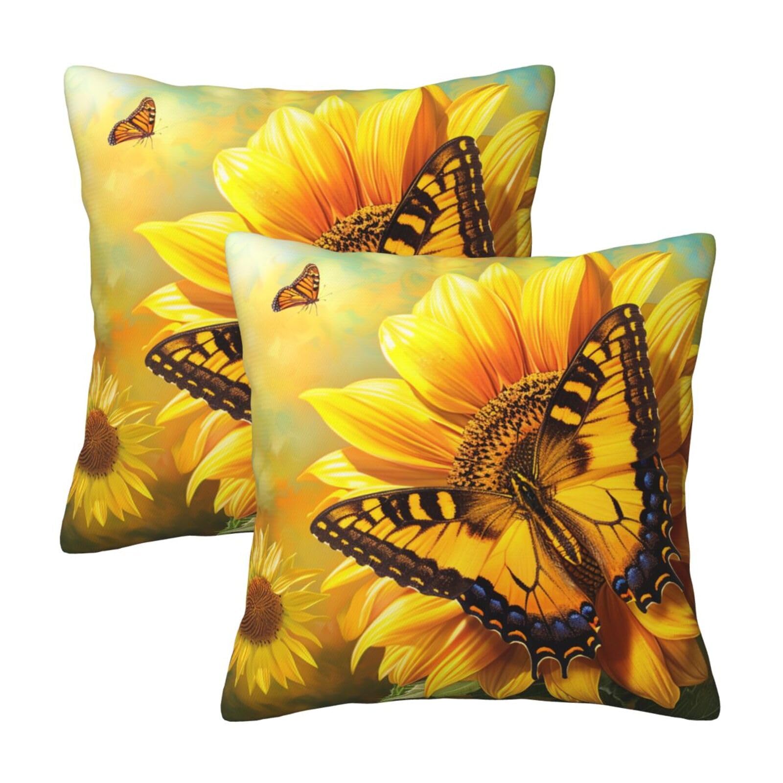 kkvhhyuo Sunflower Butterfly Sunny Print Pillow Covers Set of 2, Square Decorative Cushion Covers with Hidden Zipper, Throw Pillow Cases for Living Room Sofa Bed Chair, 50x50 cm