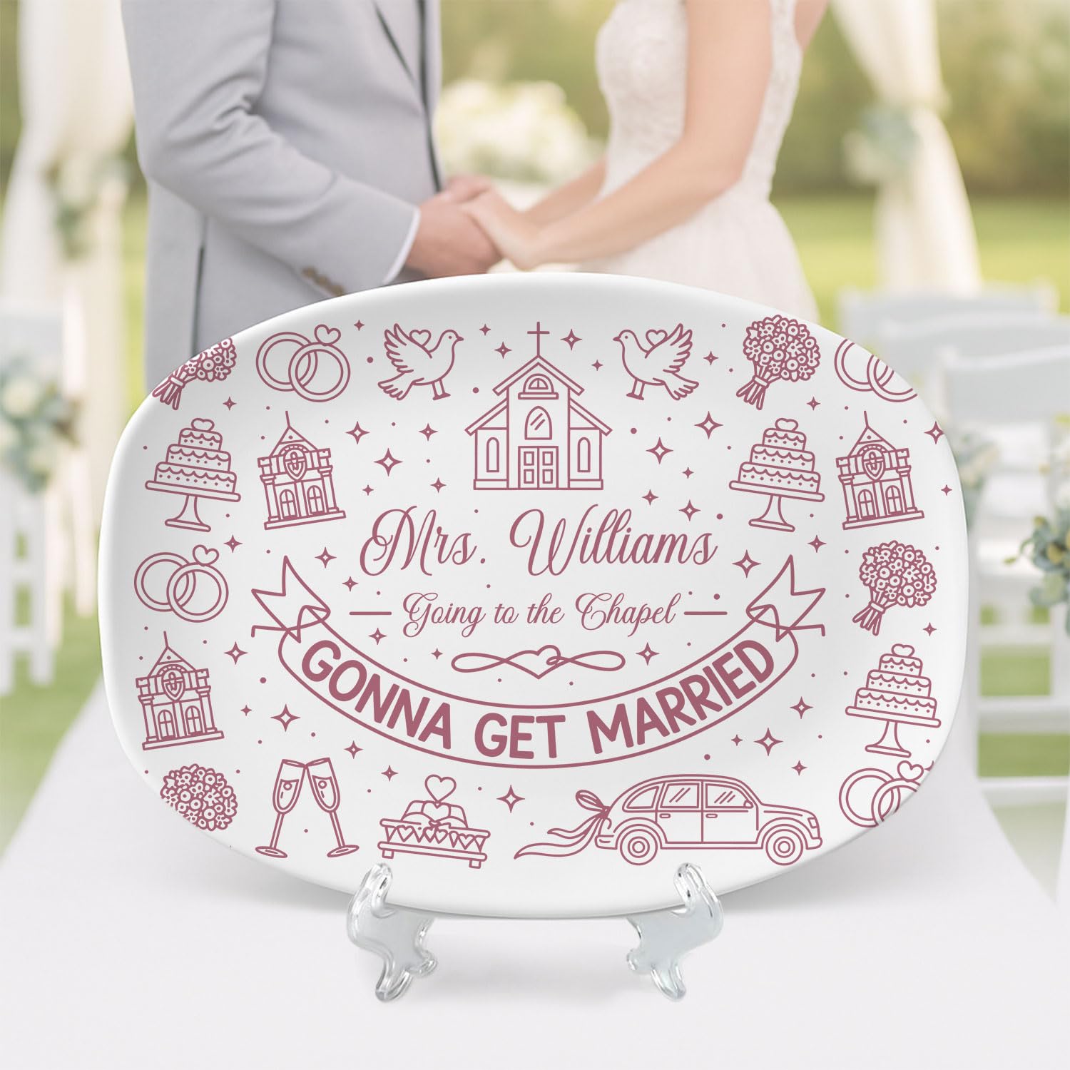 Custom Wedding Platter with Bride’s Name, Chapel and Love Icons – Personalized Plastic Keepsake Plate, Gonna Get Married Design – Gift for Bridal Shower or Engagement Party