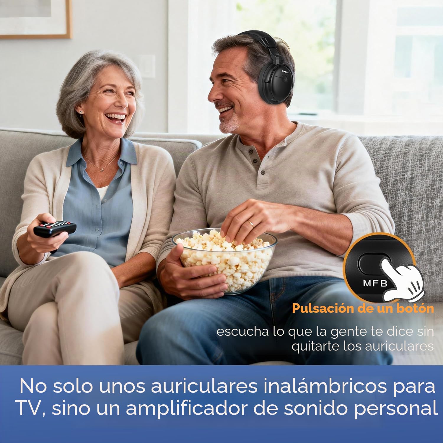 SIMOLIO 825D Auriculares Inalámbricos para TV con Voz Clara para Diálogos | Modo TV y BT, Modo Escucha & Batería Extra para Mayores, Control de Tono y Balanc, Sin Retraso, Conexión para Soundbar, 50M