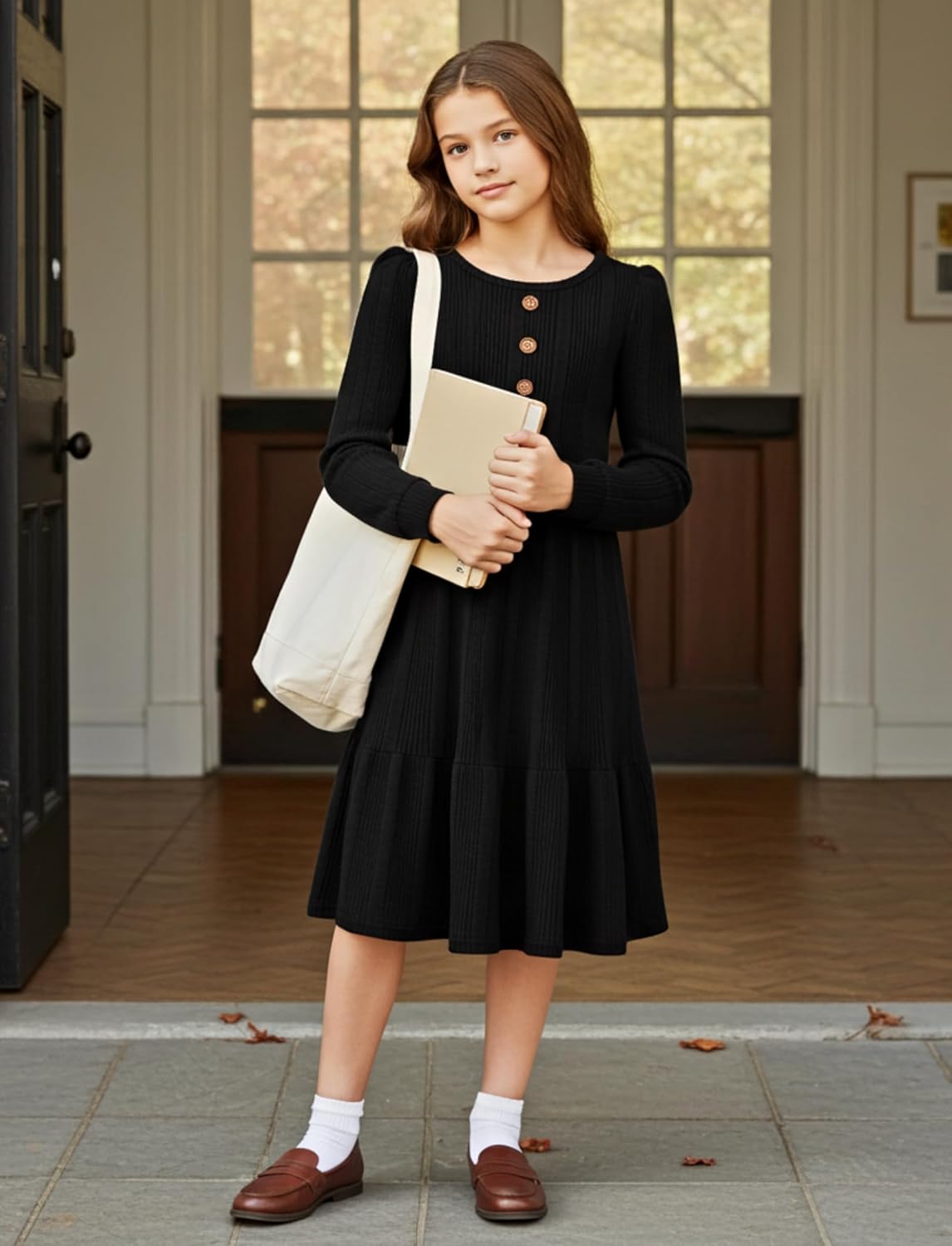 PATPAT Girl's Long Sleeve Sweater Dress Casual Button Front Knit Fall Winter Dresses 5-14 Years - Image 4