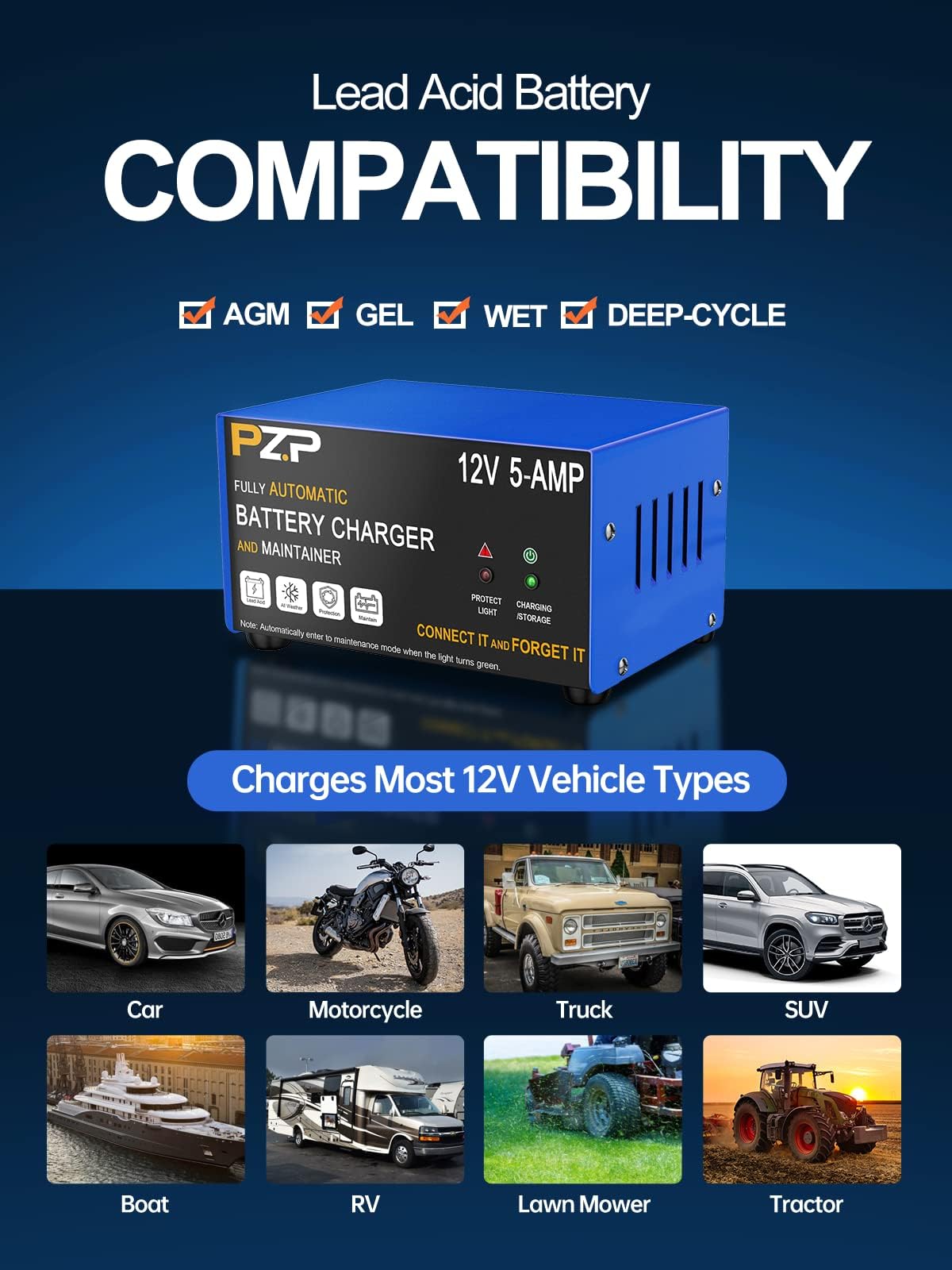 Caricabatteria automatico per auto – 12 V 0-5 A regolabile Smart Trickle Charger con riparazione della batteria, desolfazione automatica, funzioni di compensazione della temperatura, adatto per AGM