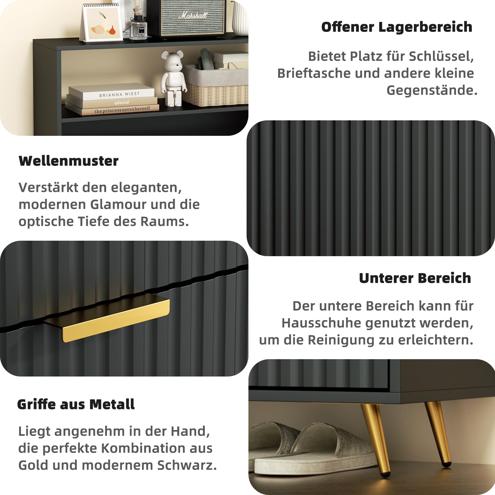 Urban Deco Schuhschrank Schwarz, 75 x 24 x 116 cm, Schuhkipper mit 2 Klappen, Schuhregal Schmal mit Metallfüßen, Schuhschrank Holz für Eingangsbereich, Flur, Schwarz