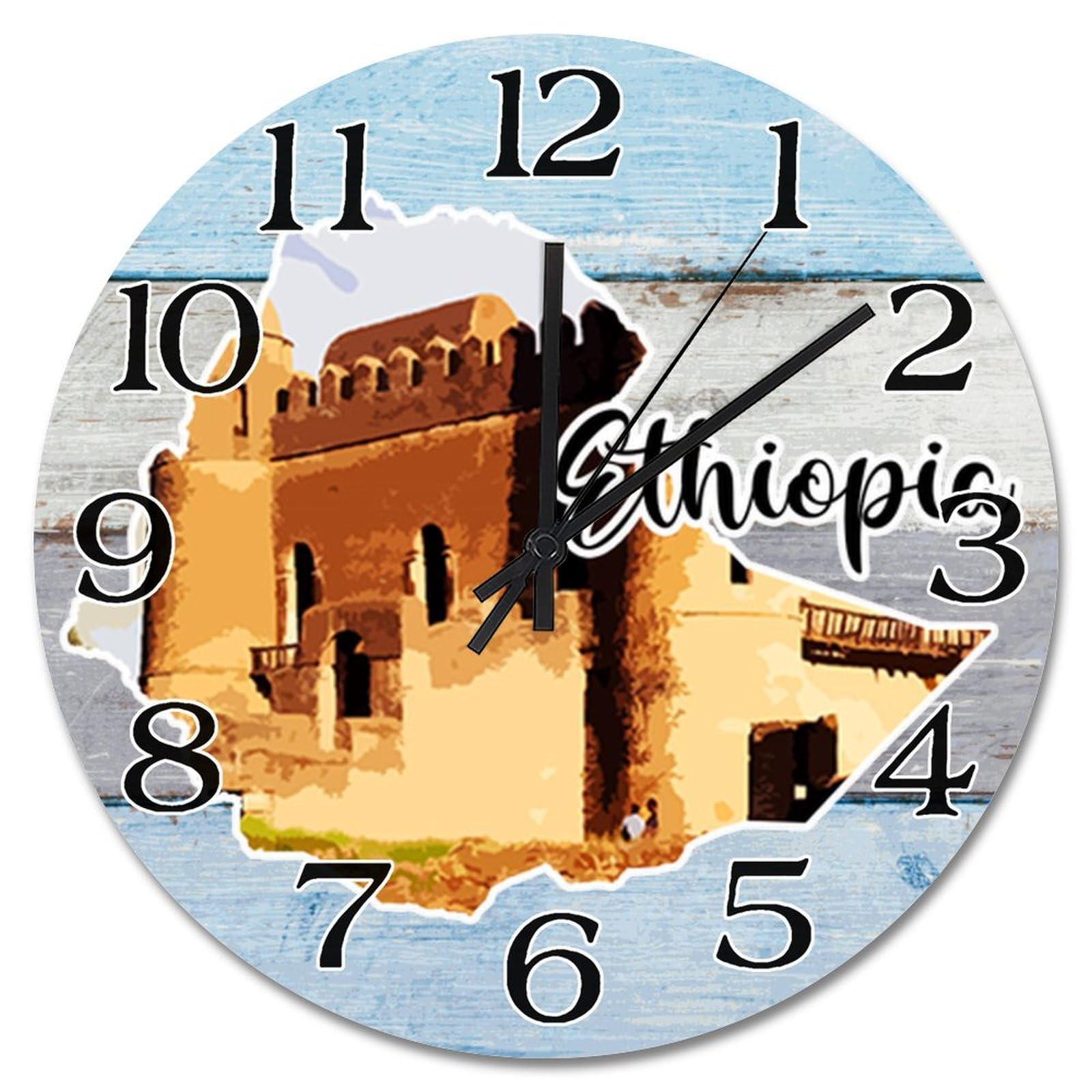 Horloge murale paysage urbain éthiopien ronde moderne silencieuse 25,4cm