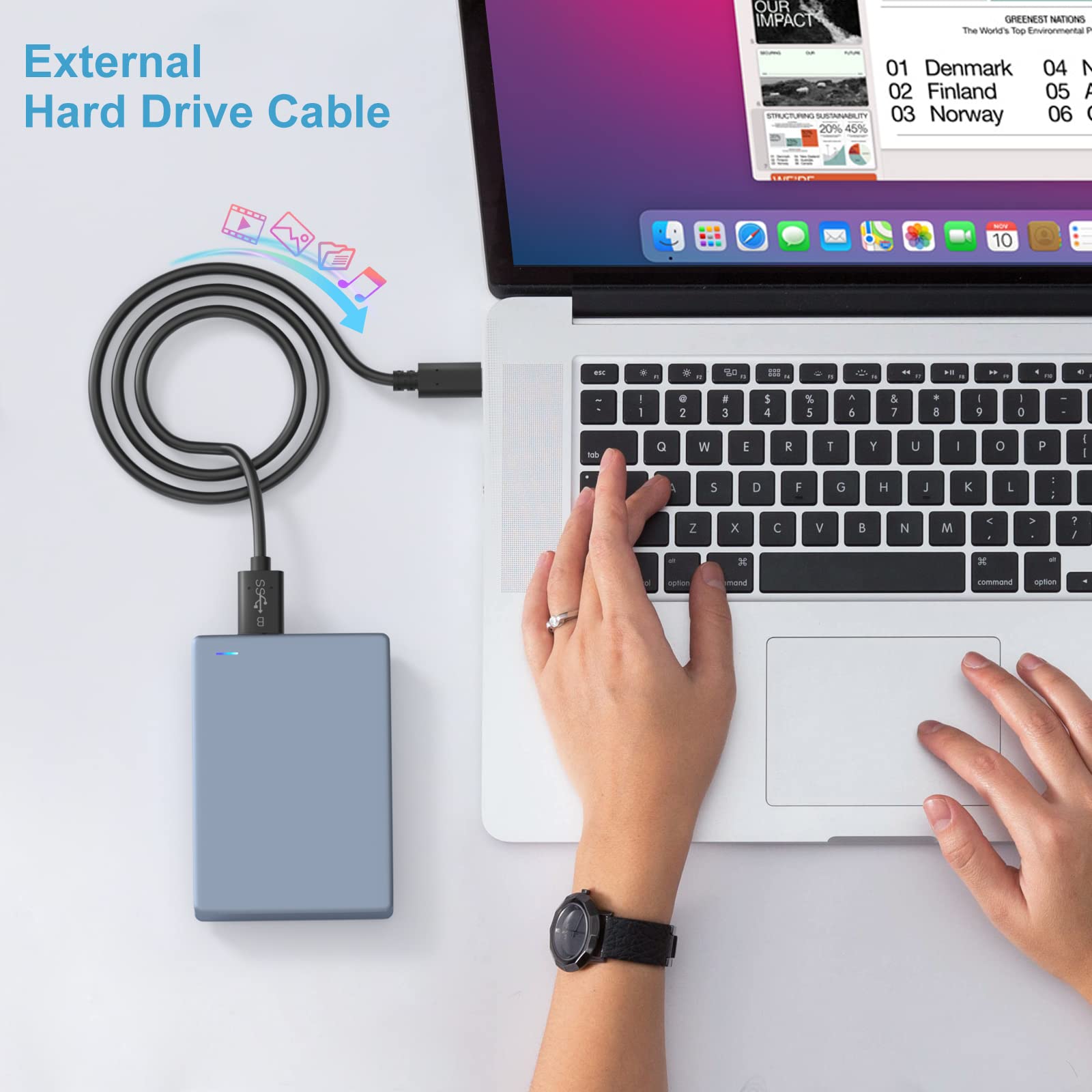 Cavo da Micro B a USB C, cavo di ricambio per fotocamera con trasferimento dati USB 3.1 Gen1, compatibile con Seagate, Toshiba, WD, LaCie Portable HDD - 3 piedi, confezione da 2