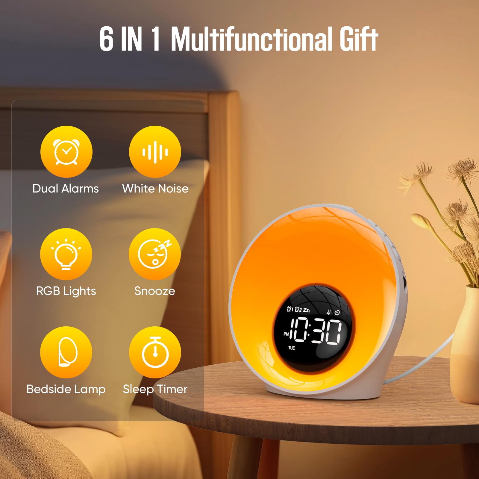 Réveil Lumineux Simulateur d'Aube, Lampe de Chevet avec 30 Sons, Snooze, Minuteur, Veilleuse pour Enfant/Adulte
