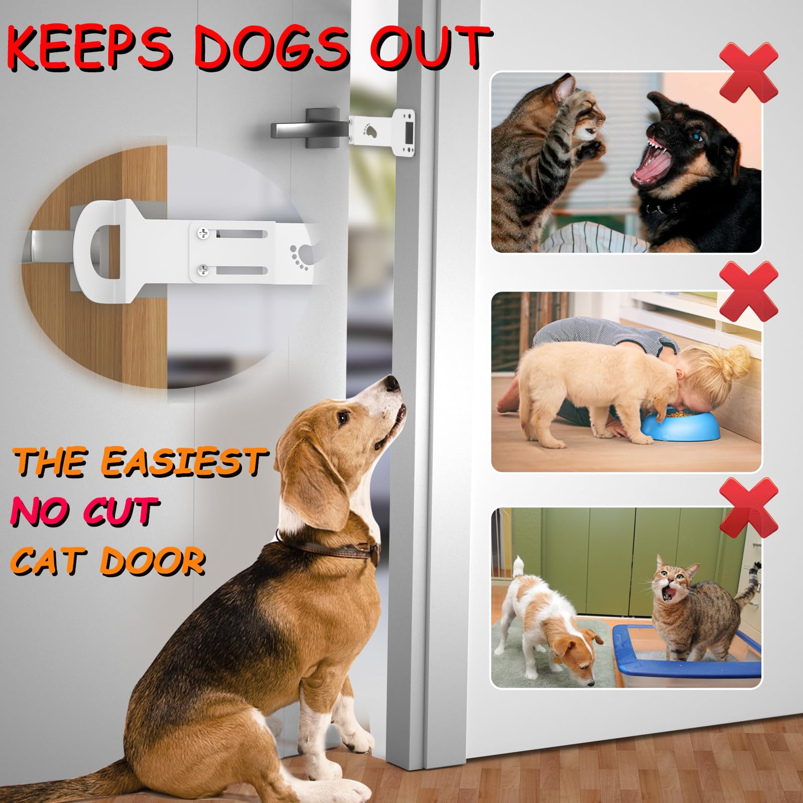 Huaodor Cat Door Latch and Holder - Metal Adjustable Cat Door Stopper - Strong and Portable Door Prop - Keep Dog Out of Litter Box & Cat Feeder - No Measuring, Easy to Install (White, 2)
