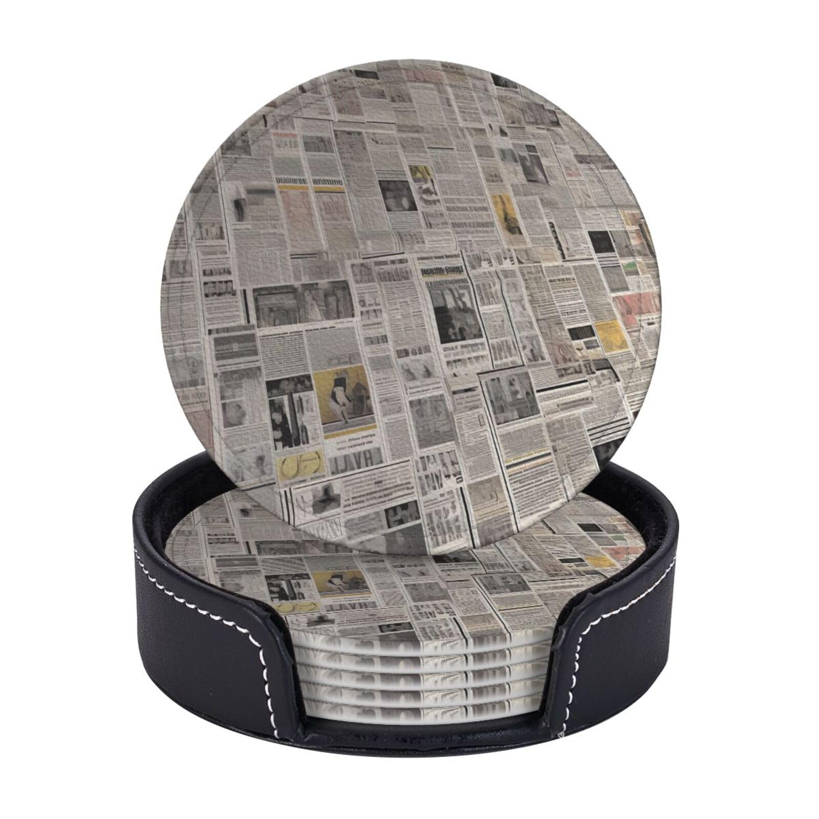 Round Coasters for Drinks Set of 6 - PU Leather Coasters with Holder - Modern Drink Coasters for Coffee Table - Newspaper Coaster for Tabletop Protection 4" Cup Mat Pad