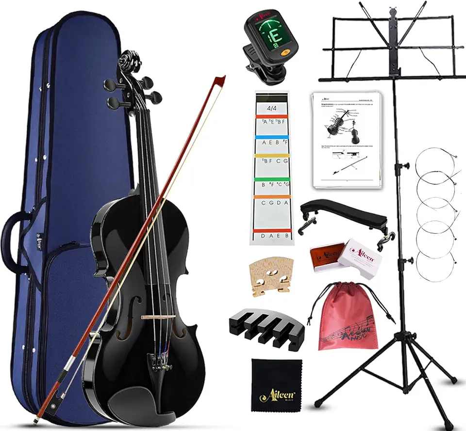 Aileen Violino tamanho completo 4/4 para adultos iniciantes, kit de violino para crianças a partir de 12 anos, conjunto de violino preto para estudantes com 13 acessórios, incluindo suporte de música,
