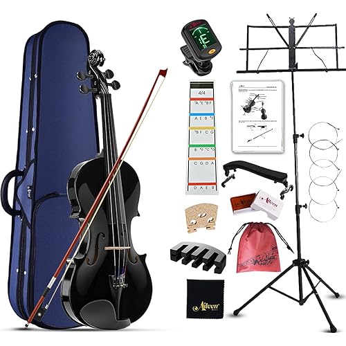 Aileen Violin 4/4 Full Size for Adults Beginners, Black Fiddle Starter Kit for Students Age 12+, including Music Stand, Unique New Fingerboard Sticker, Mute
