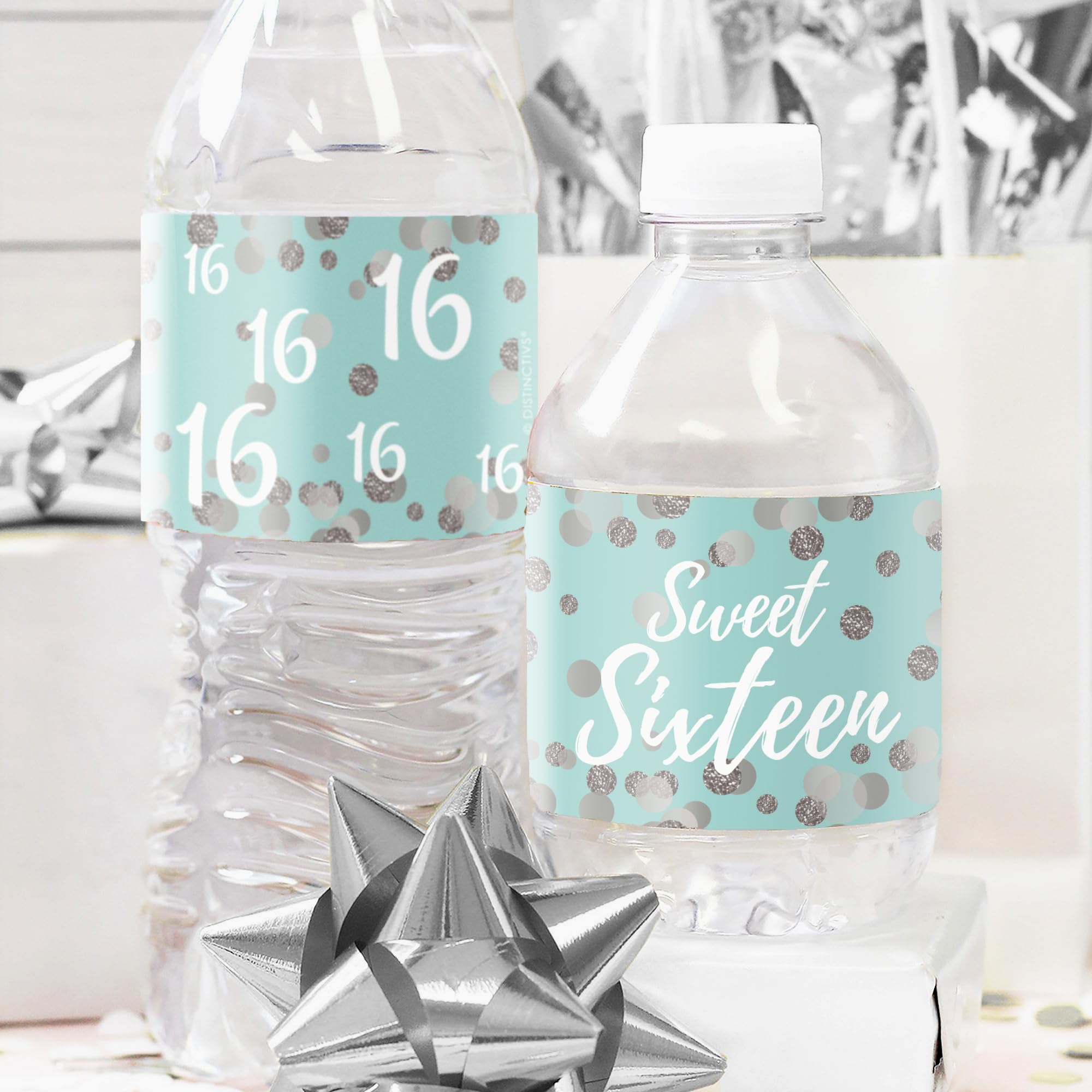 Blue and Silver Sweet 16 Birthday Party Water Bottle Labels, Sweet Sixteen Birthday Stickers for Water Bottles - 24 Count