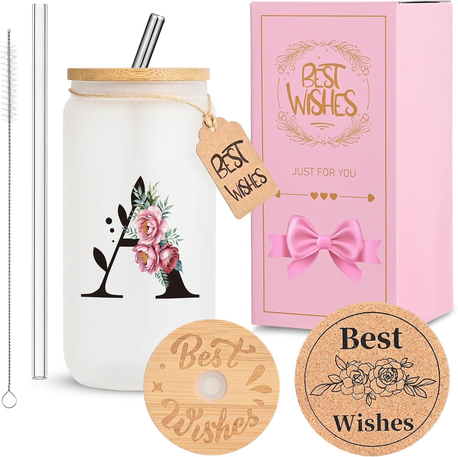 Personalized Initial Glass Cup for Women, HWJH 16oz Glass Cup with Lids and Straws, Monogrammed Gift Set, Frosted Reusable Tumbler with Gift Box & Cork Coaster for Iced Coffee, Valentine, Birthday (A)