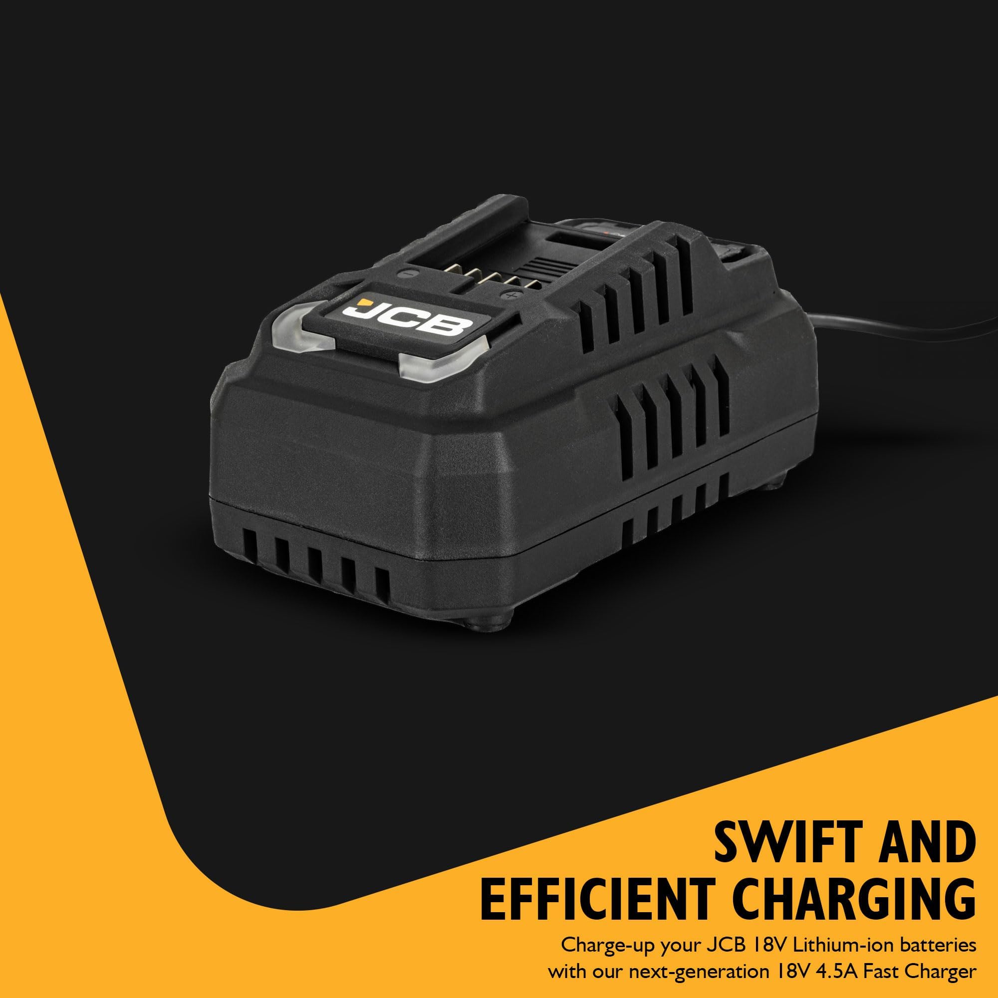 JCB Caricatore rapido professionale da 18 V 4,5 A per batterie agli ioni di litio, caricabatterie JCB-18FC-45, controllo intelligente della ricarica, doppio isolamento, funzione di precarica