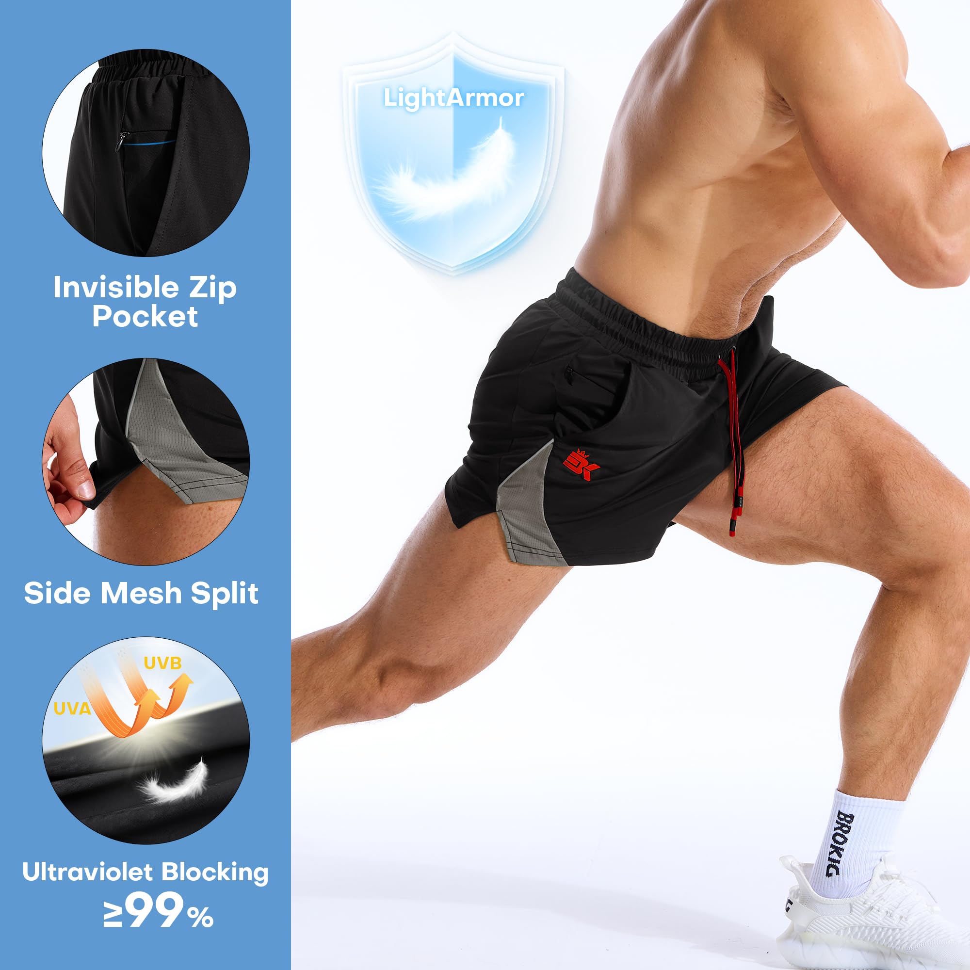 BROKIG Men's LightArmor Bodybuilding Gym Shorts with Zip Pocket,3" Quick Dry Summer Running Shorts for Workout Tennis - 5