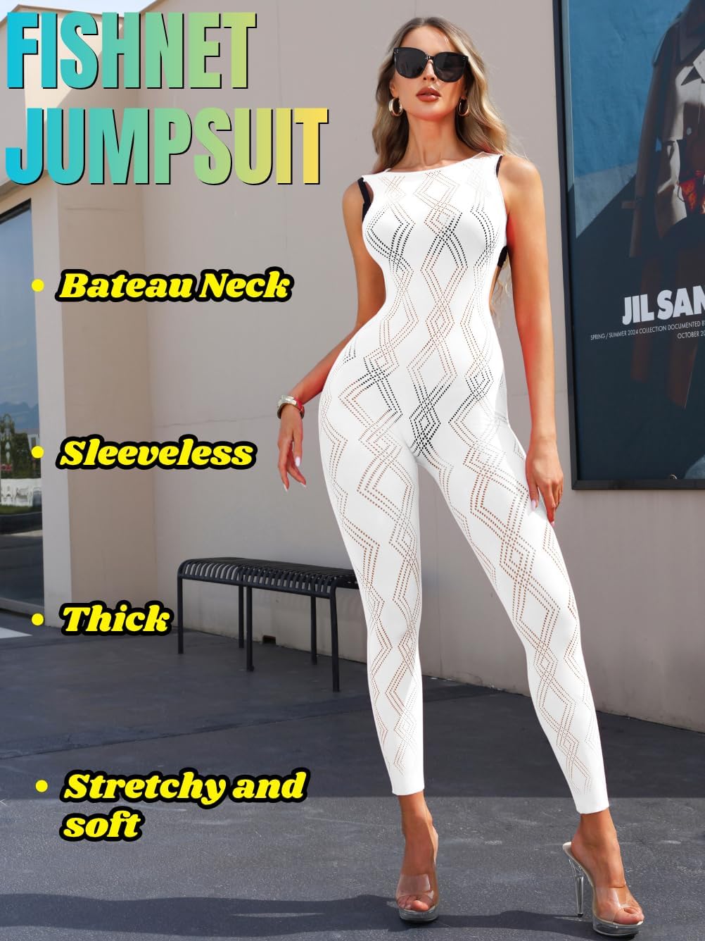 EHSUYAB Women Sexy Jumpsuits Sleevless Backless One Piece Rave Club Outfits | Thick Fishnet Bodysuit, Boat Neck Bodycon Romper, Diamond Hollow Out Lace Catsuit, Going Out Glow Party Music Festival