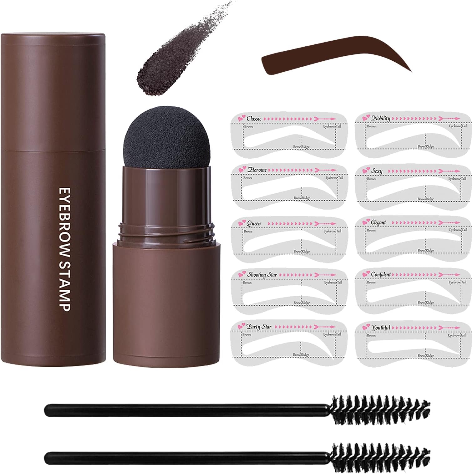 Eye-Brow Stamp Stencil Kit, Waterproof Brow Stamp Shaping Kit Eye Brow Definer & Filling Powder, Women Makeup Tools with 10 Reusable Eyebrow Stencils, 2 Brushes (Dark Brown)