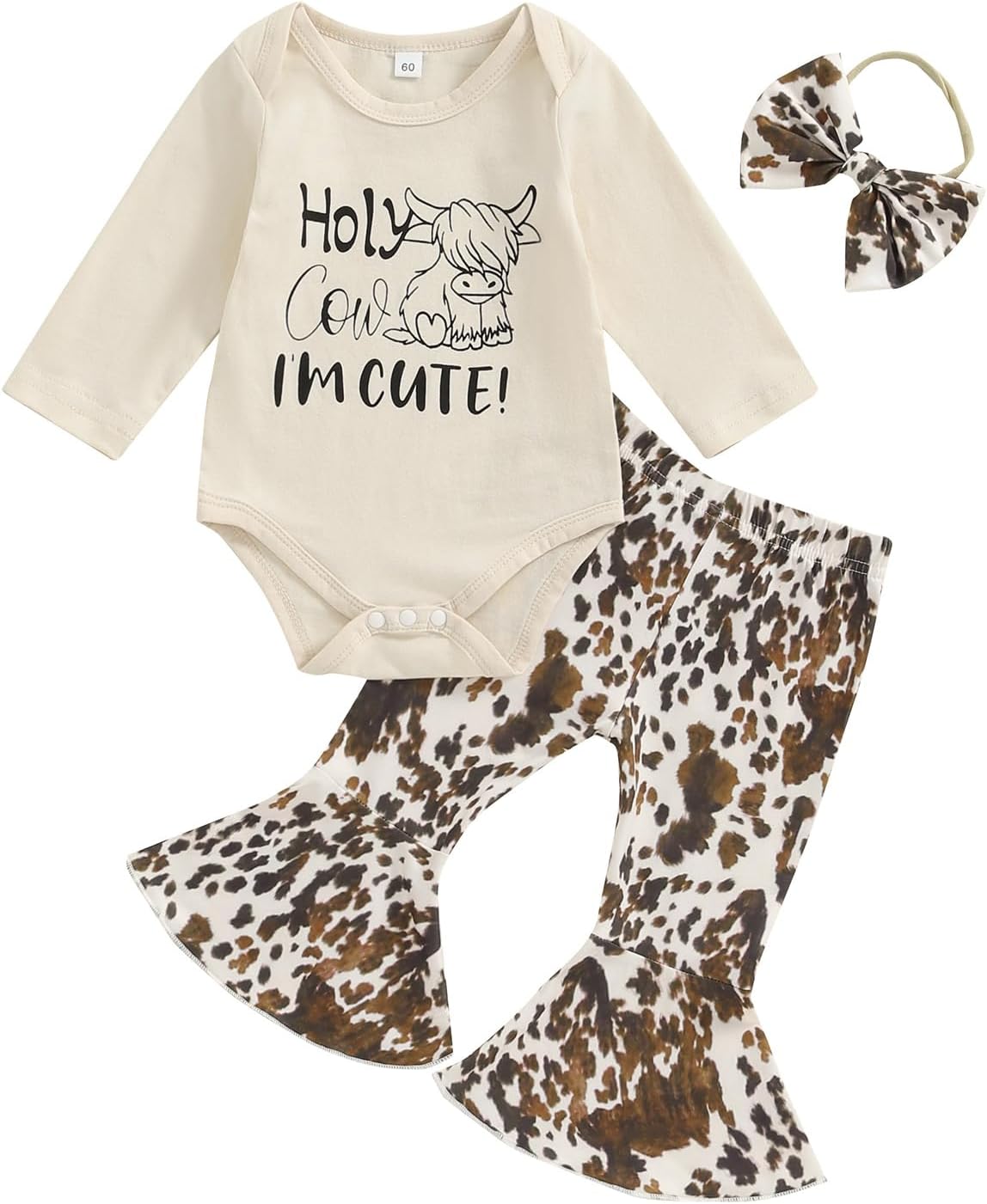 ChloefairyWestern Baby Girl Fall Clothes Holy Cow I'm Cute Romper Bell Bottoms Flare Pants Set 3Pcs Infant Cowgirl Outfit