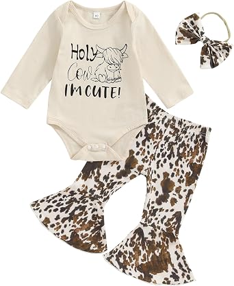 Chloefairy Western Baby Girl Fall Clothes Holy Cow Im Cute Romper Bell Bottoms Flare Pants Set 3Pcs Infant Cowgirl Outfit