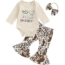 Chloefairy Western Baby Girl Fall Clothes Holy Cow Im Cute Romper Bell Bottoms Flare Pants Set 3Pcs Infant Cowgirl Outfit
