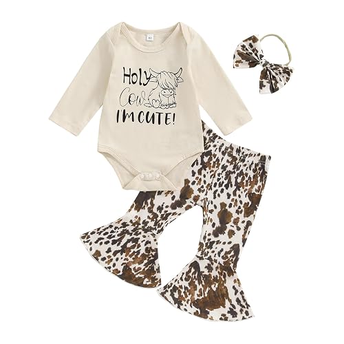 Chloefairy Western Baby Girl Fall Clothes Holy Cow I'm Cute Romper Bell Bottoms Flare Pants Set 3Pcs Infant Cowgirl Outfit