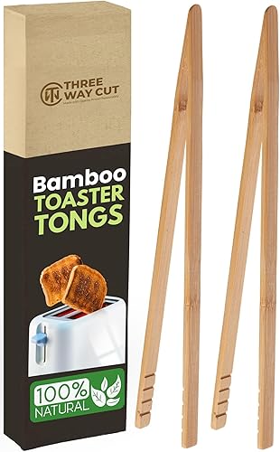 Wooden Toaster Tongs 2 PCs | Bamboo Kitchen Utensils For Cooking & Holding Toast Bacon Muffin Fruits, Pickles, Cheese Bagel Bread Ultra Grip | 9