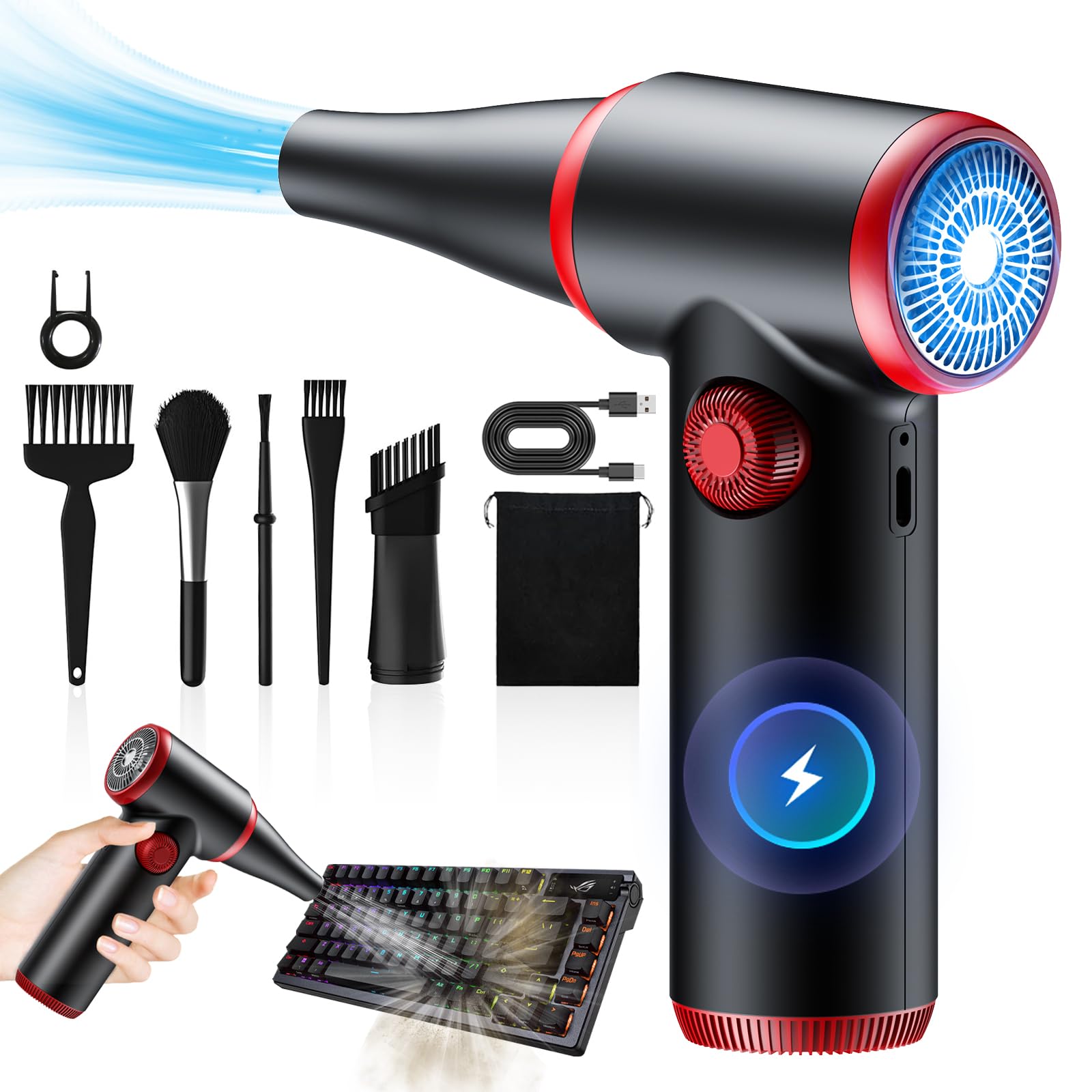 ATEngeus Compressed Air Duster, Stepless Speed Electric Air Duster, 100500RPM Cordless Air Duster with LED Light, Rechargeable Air Blower Replaces Canned Air, Keyboard Cleaner for Laptop, PC