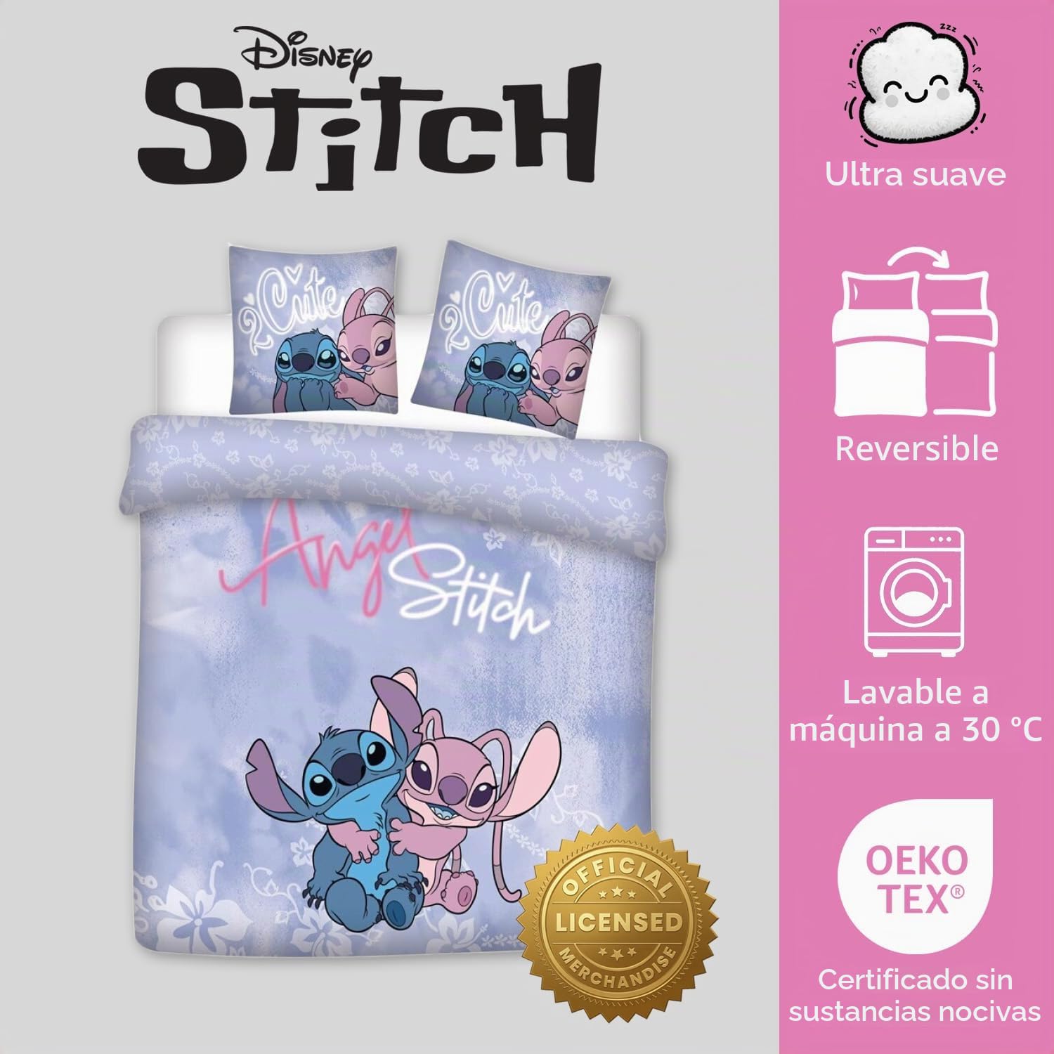 Stitch y Angel Funda Nórdica Cama 150 240x220 + 2 Fundas Almohada 65x65 | Ropa de cama 2 personas reversible | Polialgodón secado rápido | Disney Lilo & Stitch | Regalo pareja | Lavable a máquina