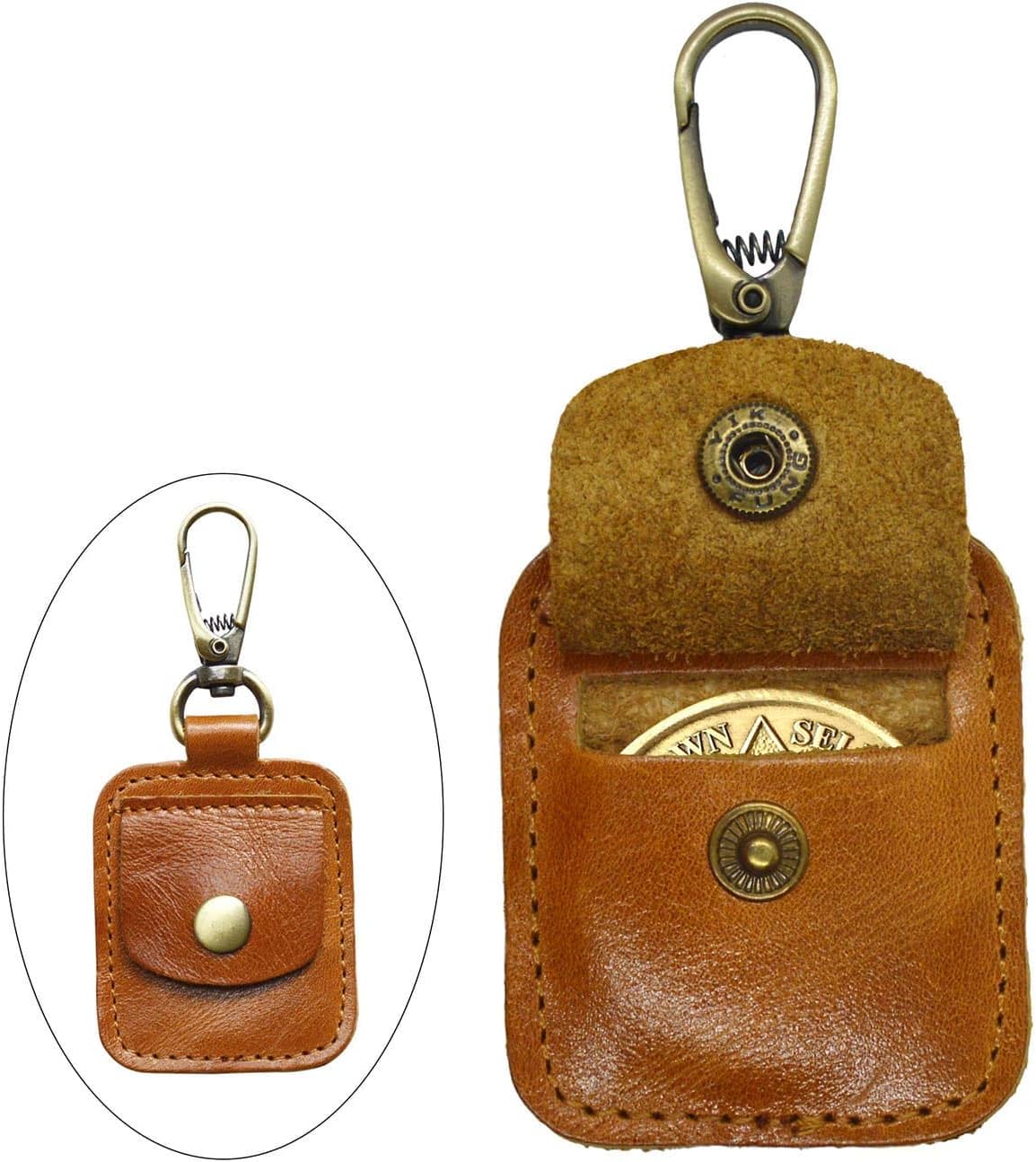 AA Medallion or Coin Holder, Leather Key Chain Snap Open Leather Case (Brown)