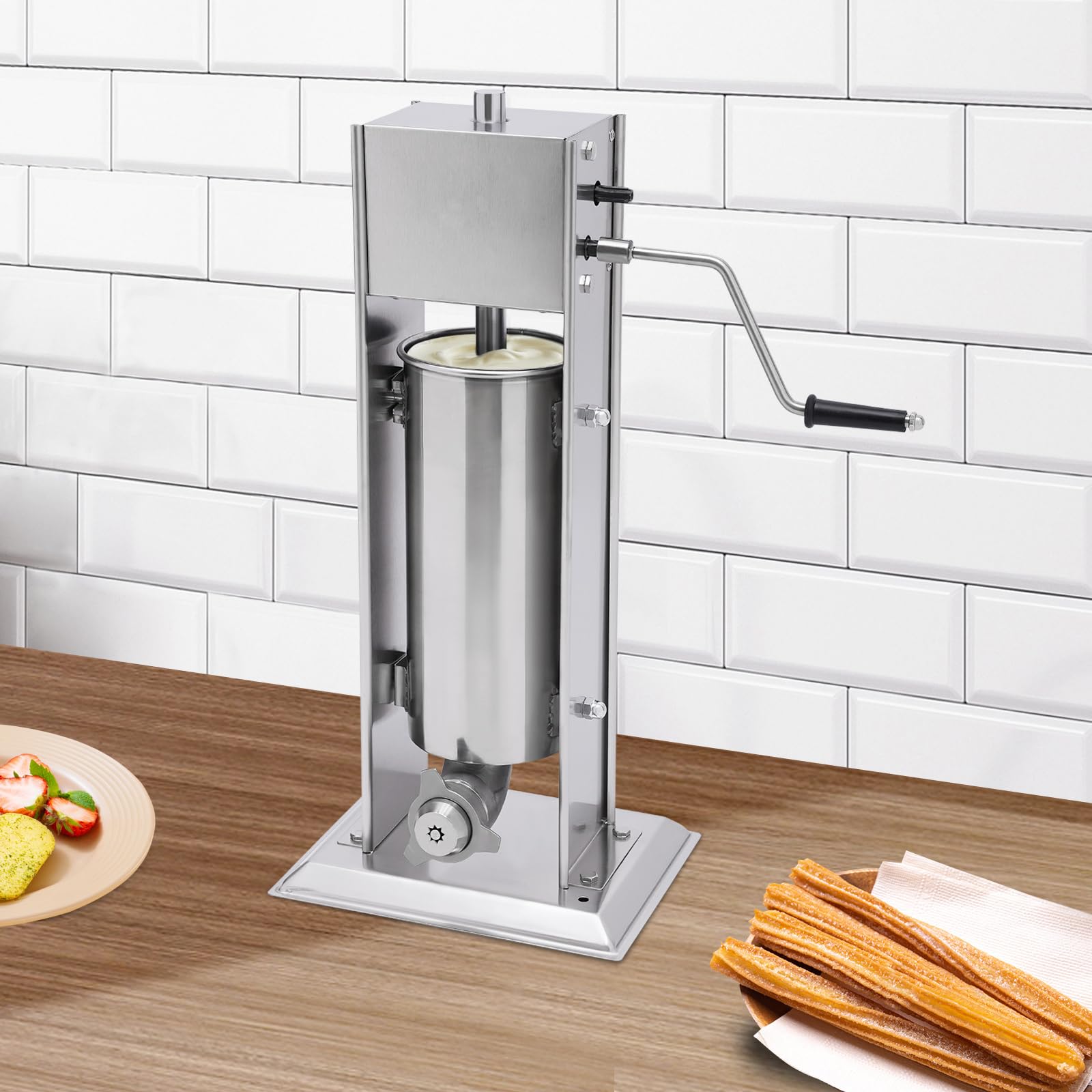 Machine à churros manuelle professionnelle de 5 l - Équipement de collation multifonction - En acier inoxydable - Avec 4 buses (3 formes différentes) - Pour un usage professionnel ou privé