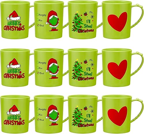 Suclain 12 tazas de plástico de Navidad a granel de 15 onzas, tazas de Navidad robadas con asa, color verde lima, tazas de Navidad, copas de Papá