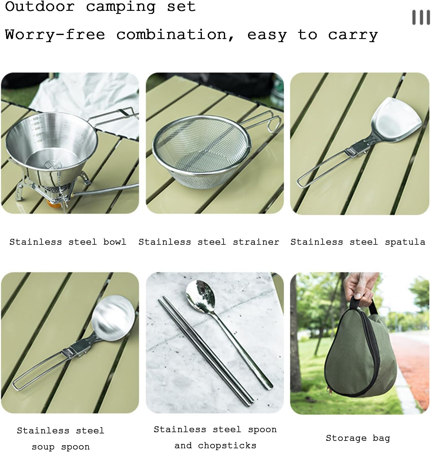 Stainless Steel Camping Tableware Kit with Bowls Strainer Spatula Spoon Chopsticks Storage Bag for Hiking Picnic