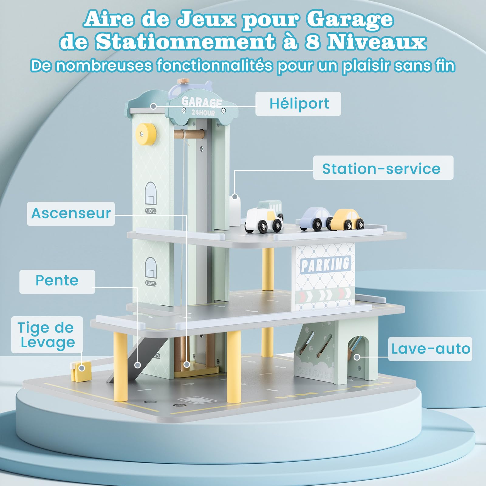 COSTWAY Garage en Bois à 3 Niveaux Enfants avec 4 Voitures & 1 Hélicoptère, Garage de Stationnement avec Ascenseur Amovible, Station-Service & Héliport, Jeu d'Imitation pour Enfant de 3 Ans+