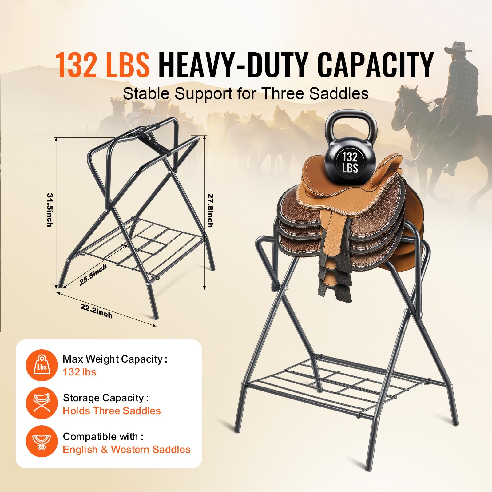 Happybuy Folding Saddle Rack,2-Pack Freestanding Horse Saddle Stand, Mobile Horse Blanket Holder, Sturdy Steel Saddle Rack for English & Western Saddles, Tack Storage, Black,28 x 19 x 37.5 in