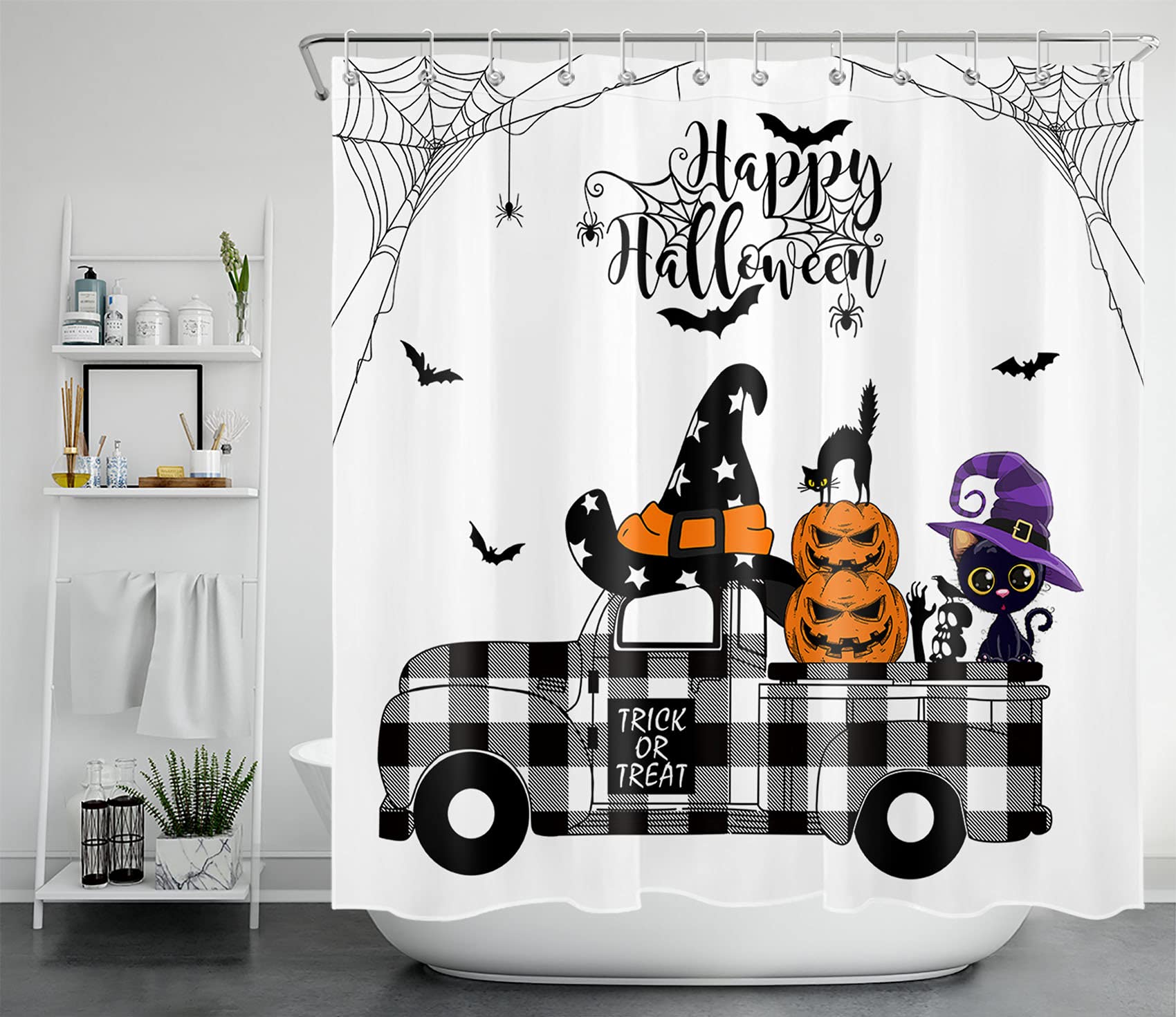 EOBTAIN Happy Halloween Shower Curtain Trick or Treat Black White Plaid Farmhouse Truck Pull Cartoon Black Cat Pumpkins Spider Web Skull Bat Kids Bathroom Decor 72x72 Inch Durable Fabric with 12 Hooks