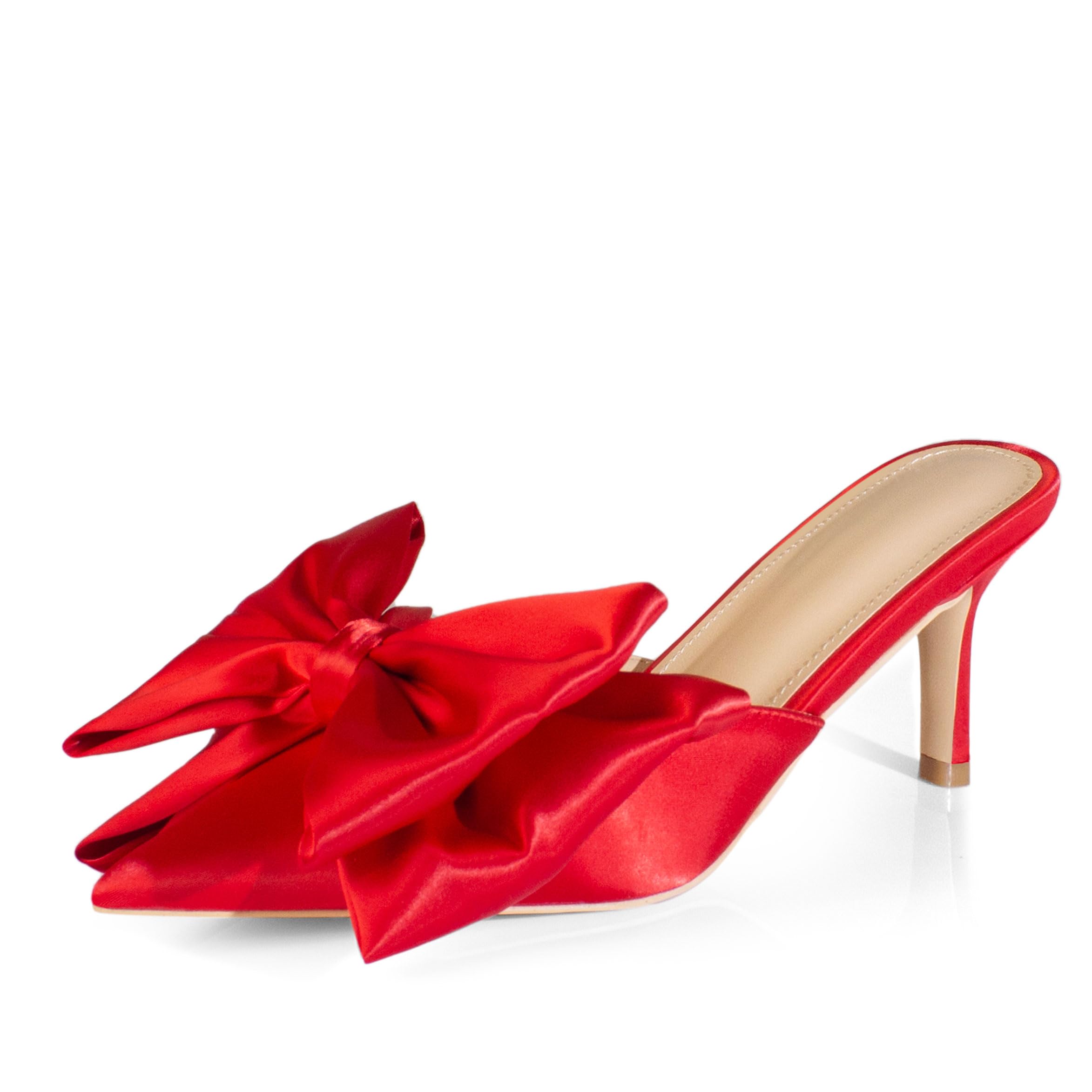 iadore Women's High Heel Sandals, 3'' Satin Closed Pointed Toe Oversized Bow Slip-on Stiletto Slippers Party Prom Casual Dress Mules