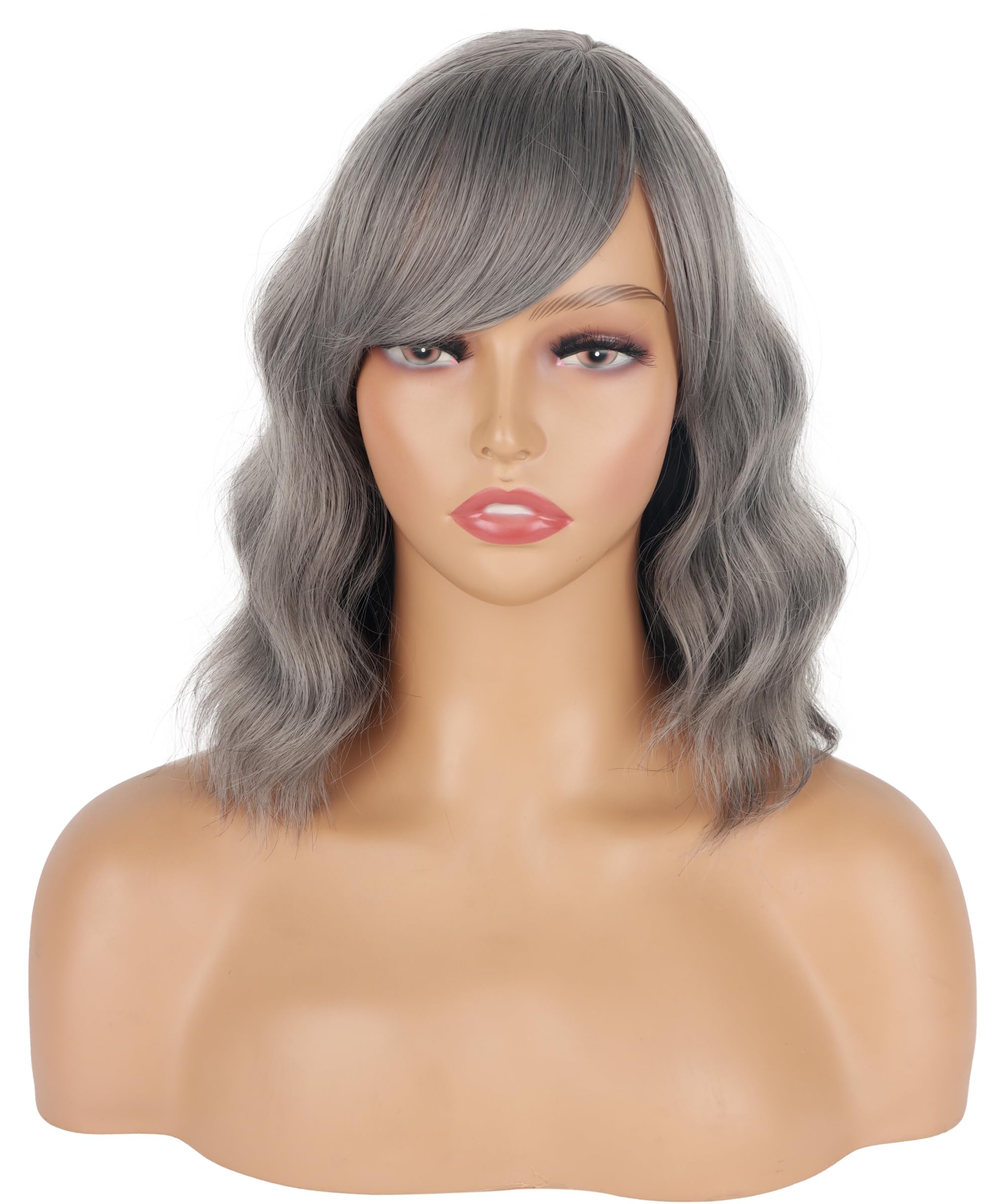 SYMEIW Short Gray Wavy Wigs For Black Women With Bangs - Synthetic Silver Grey Wavy Wigs For Daily Use