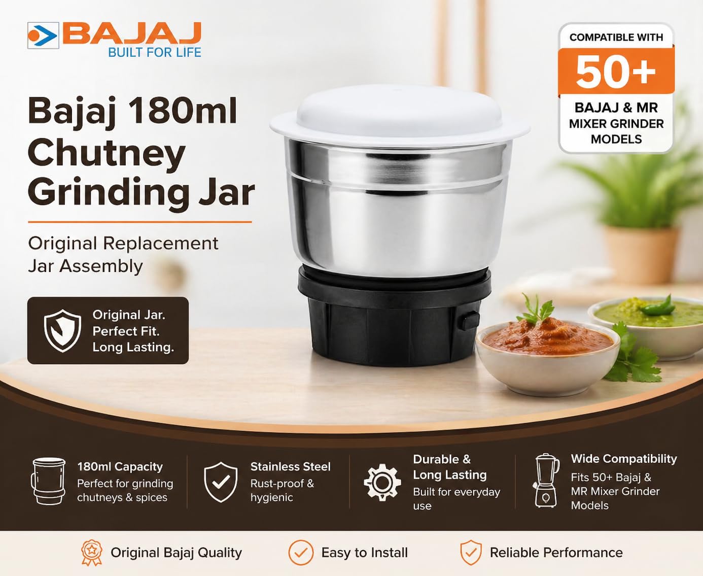 new Swati Bajaj 180ml Chutney Grinding Jar | Compatible with 50+ Bajaj & MR Mixer Grinder Models | Original Replacement Jar Assembly — Amazon image 2