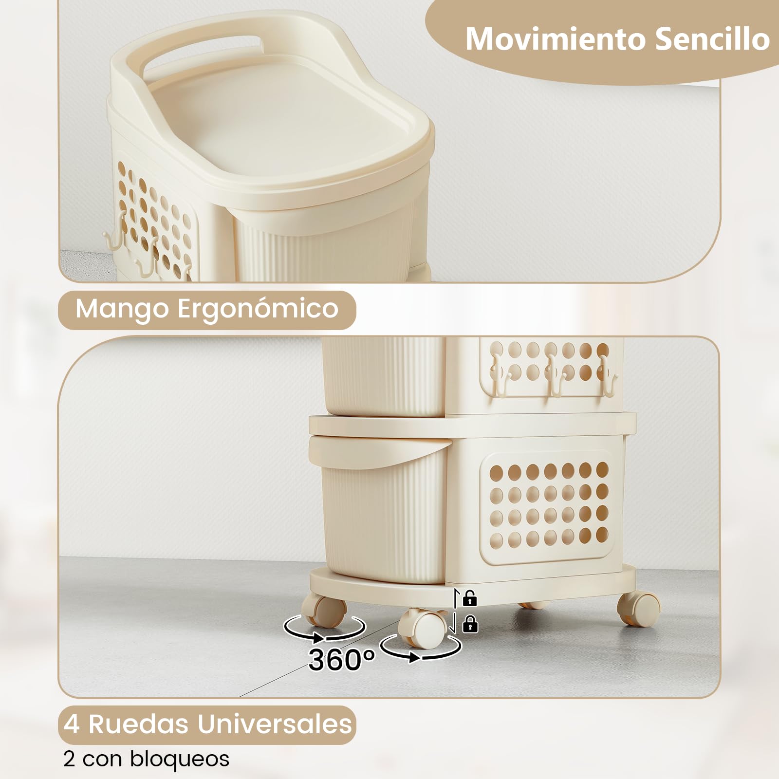 COSTWAY Carrito Auxiliar con Ruedas, 3 Cajones, Carro Almacenaje Estrecho con Ruedas y 6 Ganchos, Tablero Perforado y Asa, Carrito Organizador de Plástico para Cocina, Baño, 38x32x68 cm, Blanco Crema