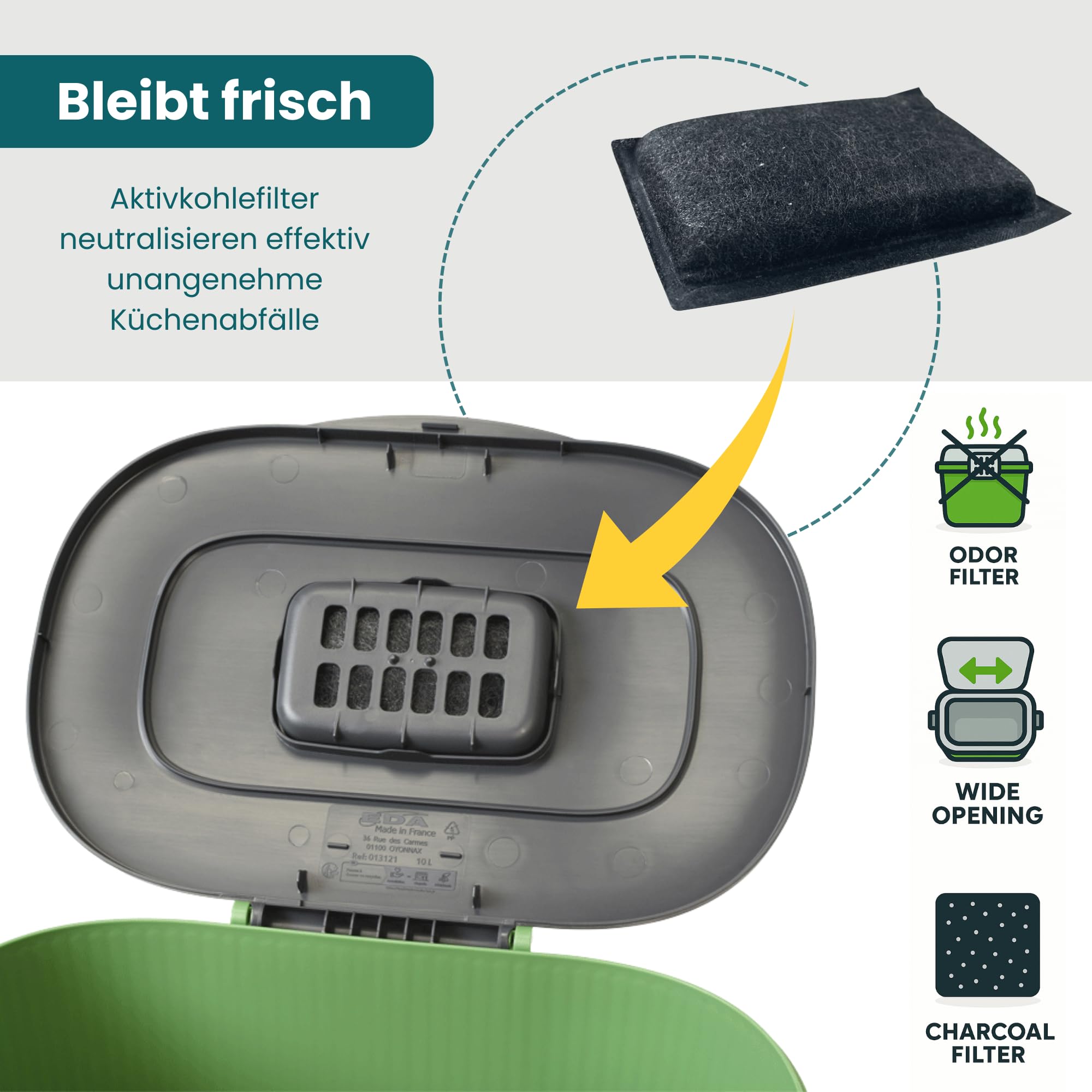 Secchio per compost biologico da 10 l con coperchio, filtro ai carboni attivi e maniglia per il trasporto, salvaspazio e inodore per cucina, riciclabile, verde con coperchio grigio, Kamai Home
