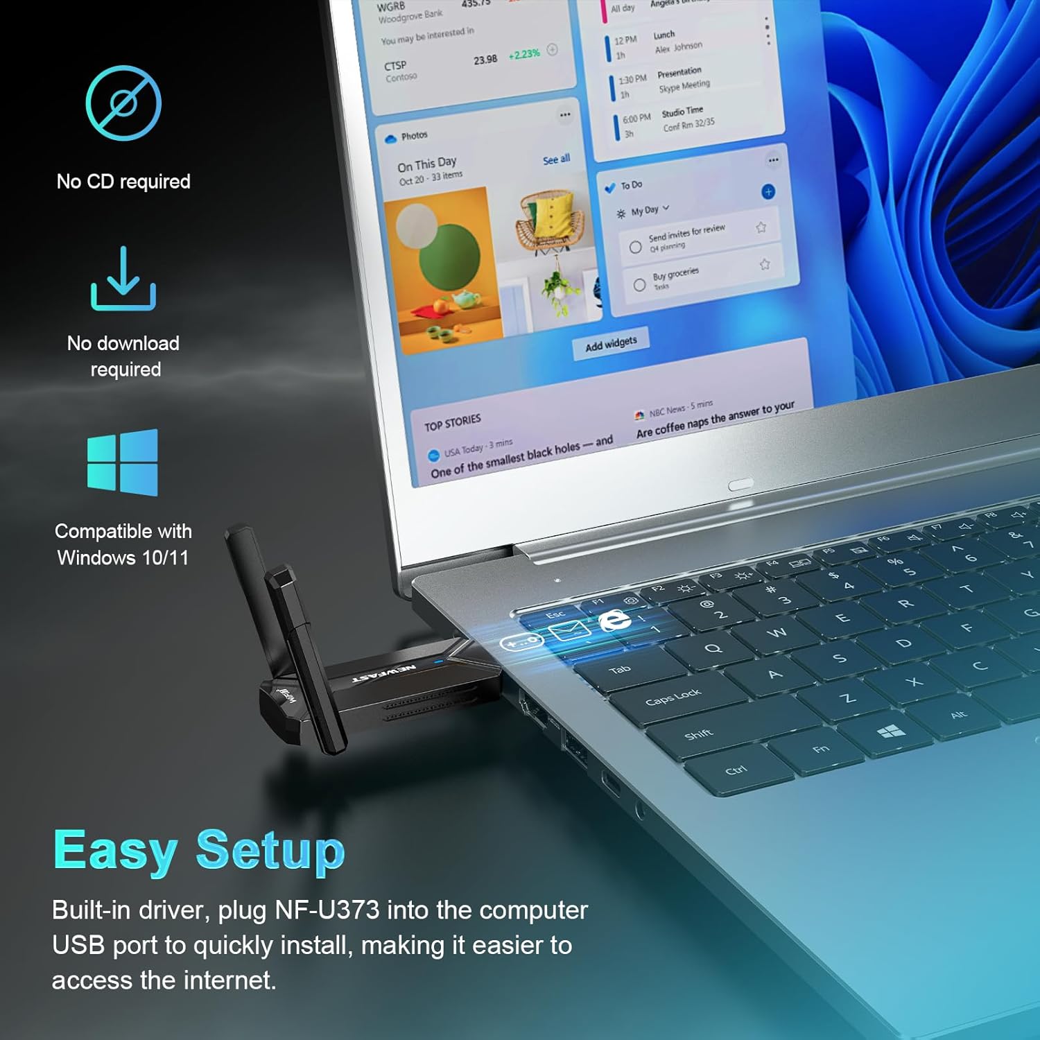 NEWFAST BE6500 USB WiFi 7 Adapter plugged into a laptop with Windows 11 screen