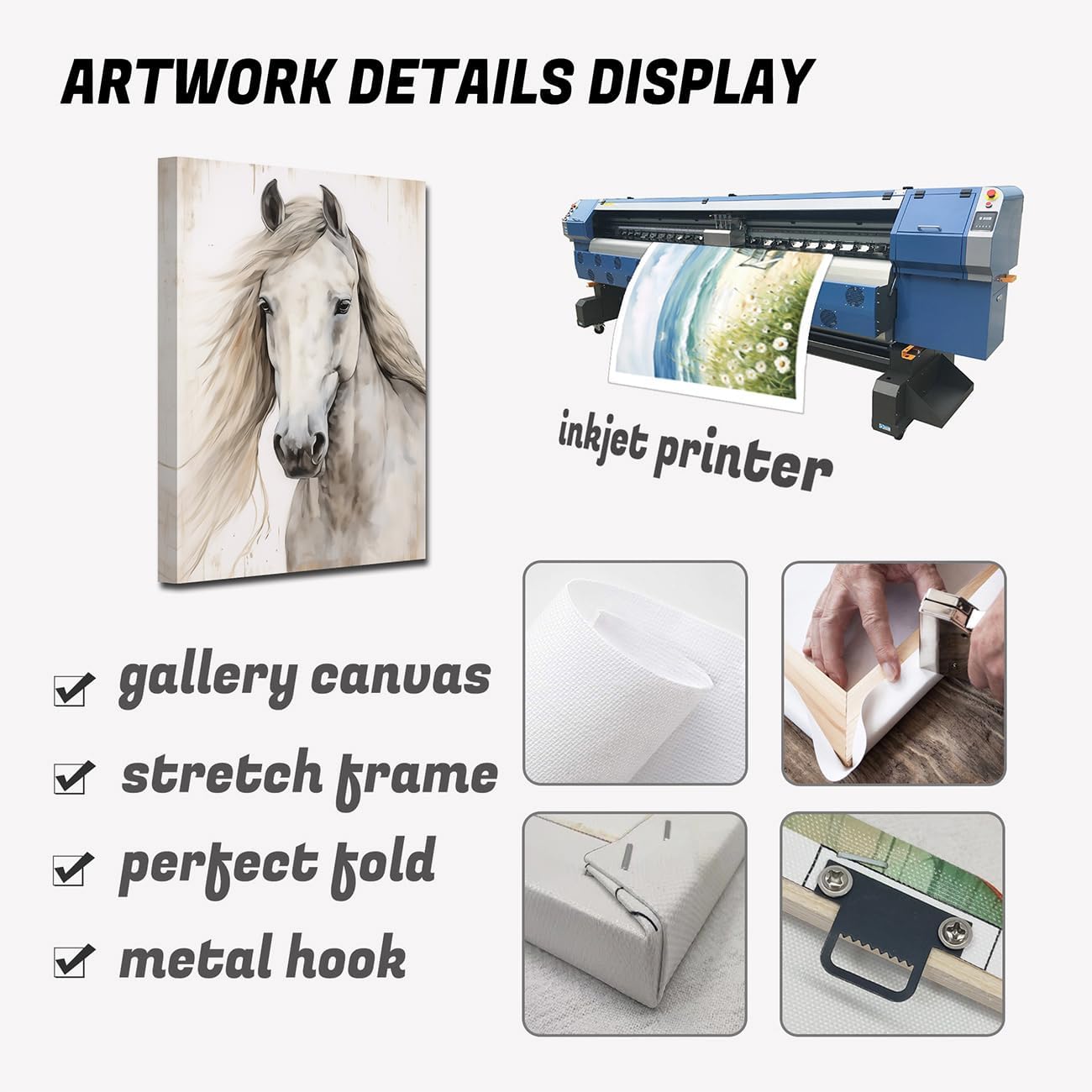 Canvas Wall Art Animal，Horse Head Paintings，Farmhouse White Horse Portrait Picture Prints Living Room Decor Framed(Horse Art-2,24x36inch (60x90cm))
