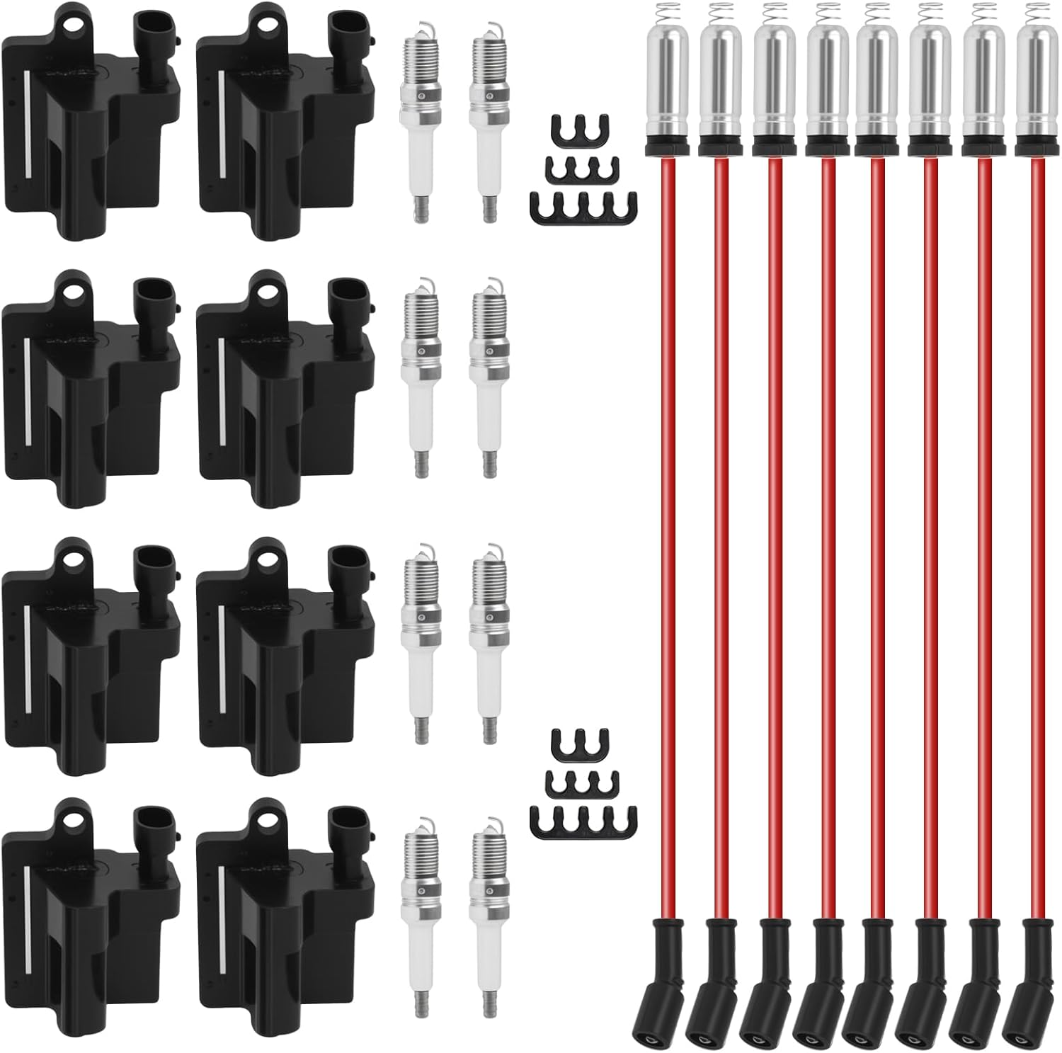 8P Round Ignition Coils Kit With 748UU 8mm Spark Plug Wires Compatible With Chevy Silverado Cadillac Suburba Tahoe GMC 4.8 5.3 6.0L Replace D585 UF262 C1251 12622553 748GG 748UU 748GG