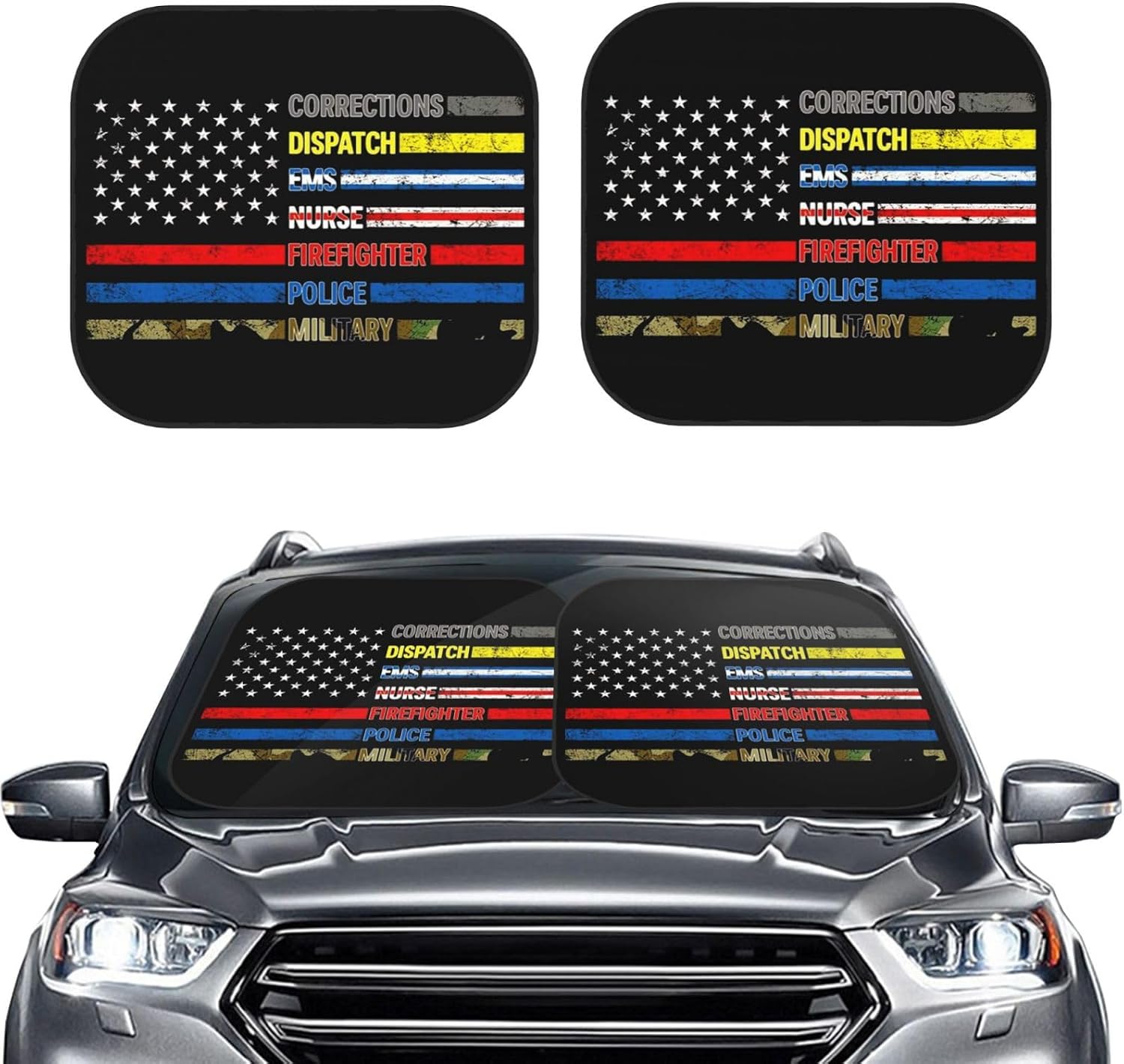 American Thin Blue Line Flag for Supporting Our First Responders Car Windshield Sun Shade Foldable 2-Piece Car Sunshades Reflect Uv Sun and Heat