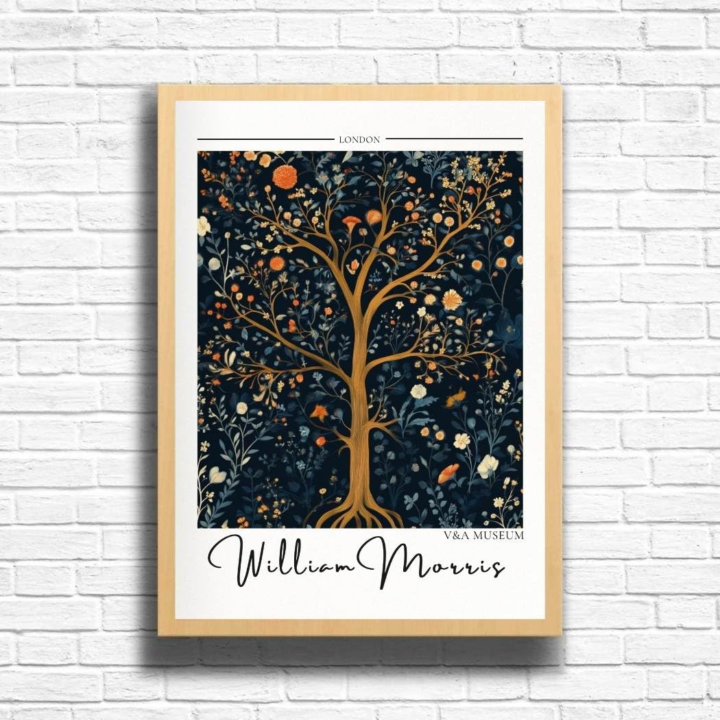 William Morris Tree Print, Botanical print, Dark Cottagecore decor, Mid century poster, Flower Market print, nature, illustration, Art Nouveau home deco (A3 Framed (Oak))