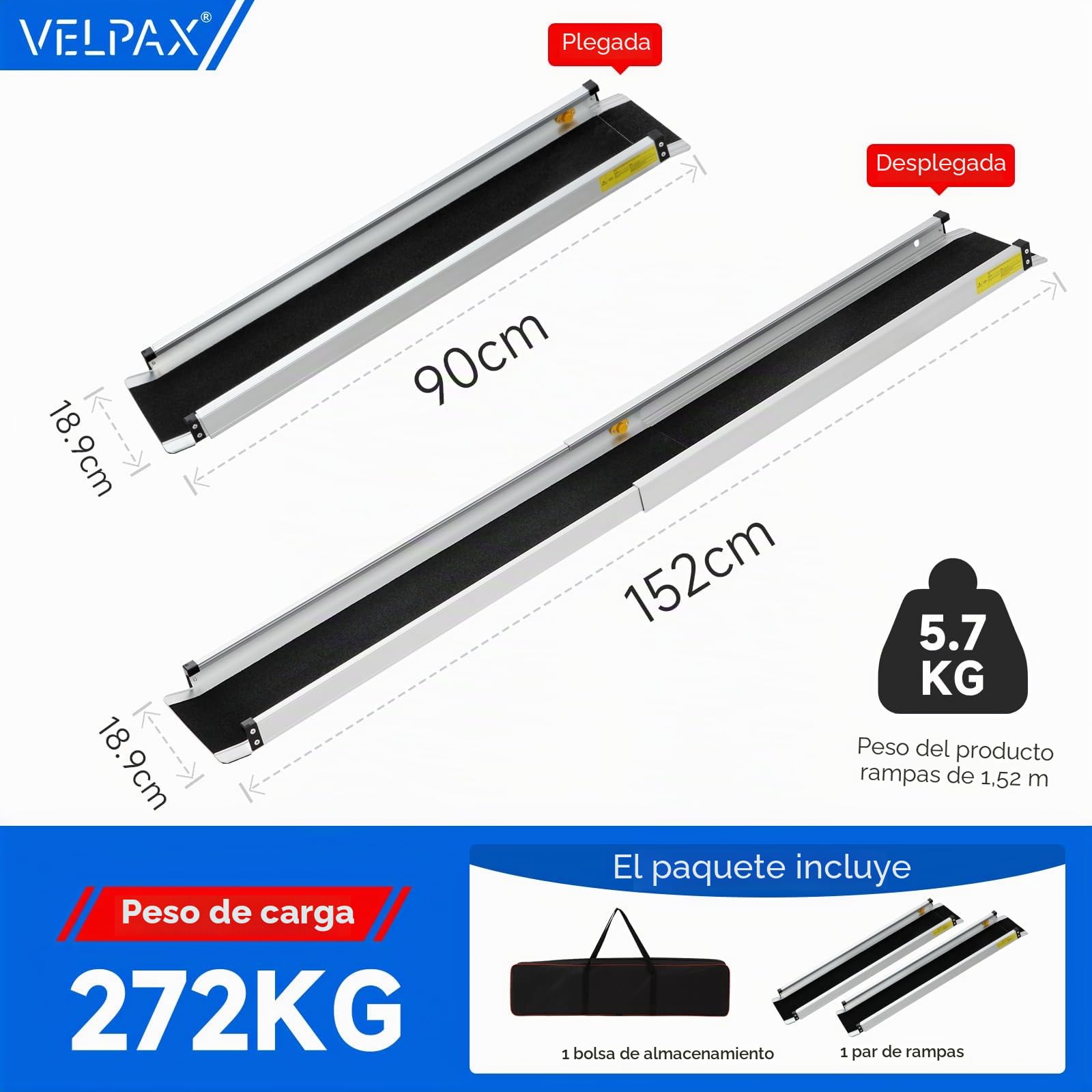 2 PCS Rampa para Silla de Ruedas, Rampa de Acceso de 90-152 cm, Capacidad de Carga de 272 kg, Rampas de Acceso Telescópicas de Longitud Ajustable para Sillas de Ruedas Antideslizantes