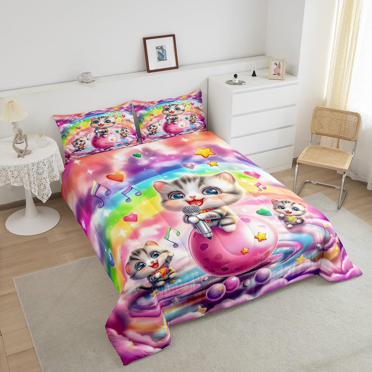 Cartoon Cat Comforter Set Queen Size Colorful Musical Notes Bedding Set Kids Boys Girls Dreamy Rainbow Nebula Planets All Season Quilt Set Kawaii Singing Animal Bedding Comforter Sets,3Pcs