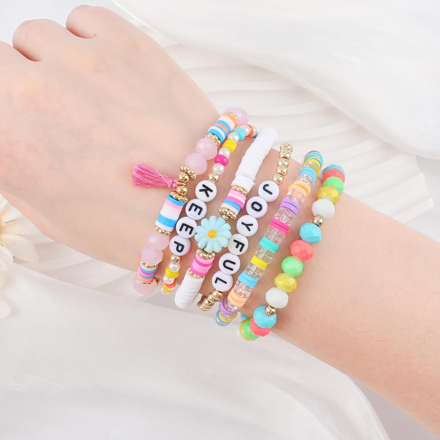 Inspirational Clay Bead Bracelets for Women Preppy Surfer Heishi Bracelets Set Macaron Color Stackable Bracelets Colorful Elastic Layering Friendship Bracelets Boho Jewelry Gift for Teen - Image 5