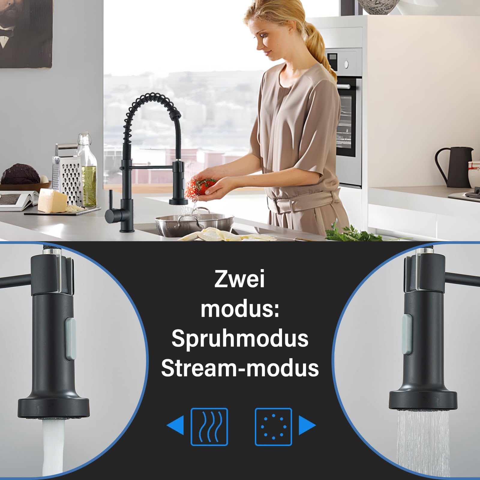 Niederdruck Armatur Küche Schwarz Wasserhahn Herunterziehbare Brause Niederdruck Küche 360° Drehbar Wasserhahn Küche Küchenarmatur mit 3 Schläuche Kaltem und Heißem Wasser Vorhanden