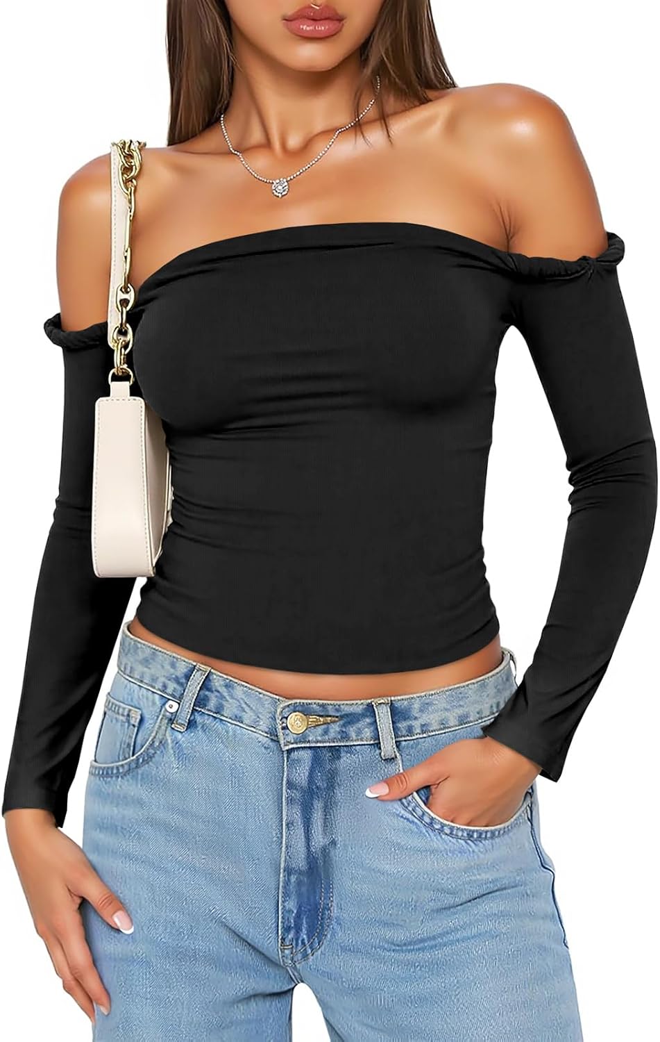 Tankaneo Womens Off The Shoulder Tops Going Out Crop Slim Fit Long Sleeve Shirts Y2K Ruched Cute Blouse